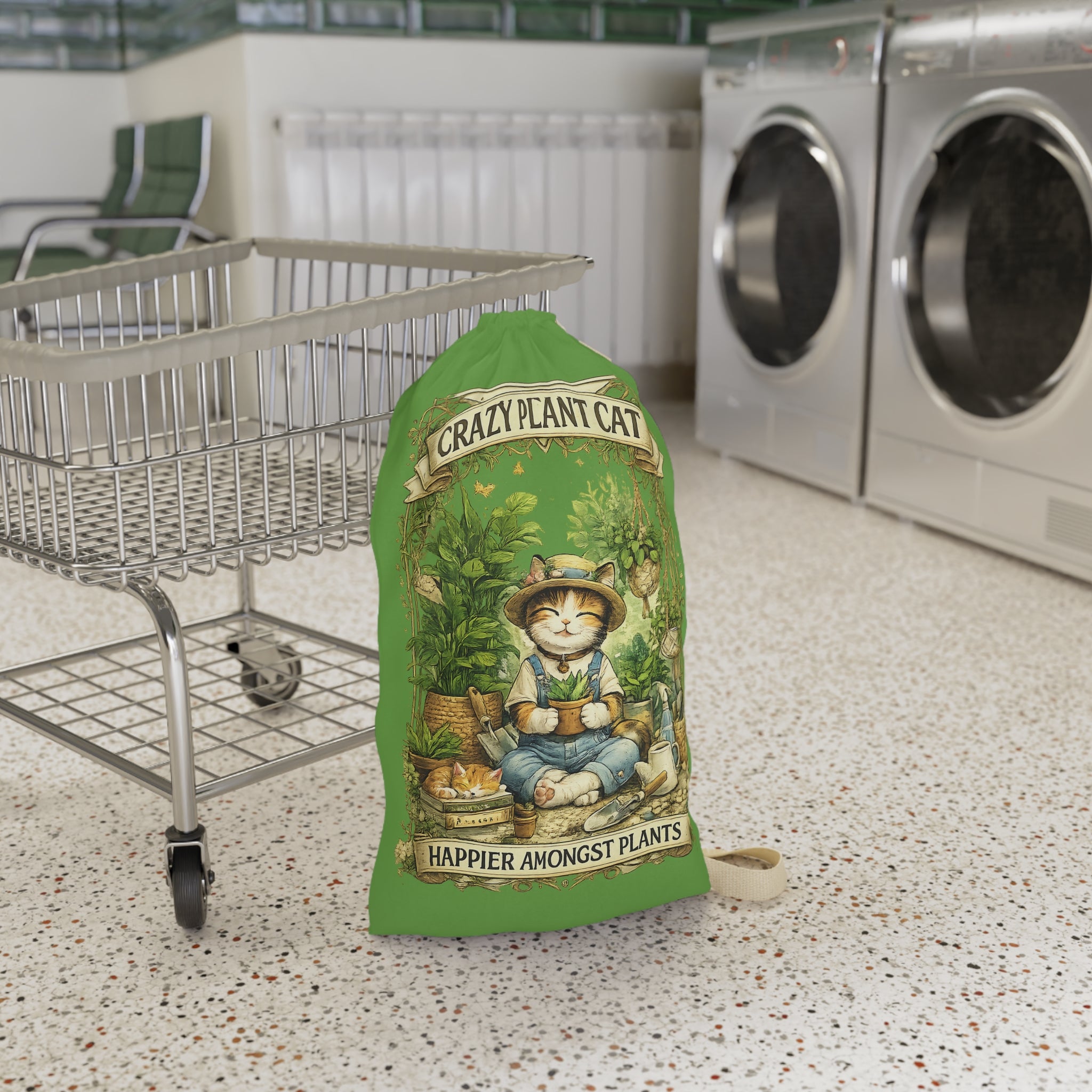 Crazy Plant Cat Laundry Bag | Cat Gardener Illustration, Green Drawstring