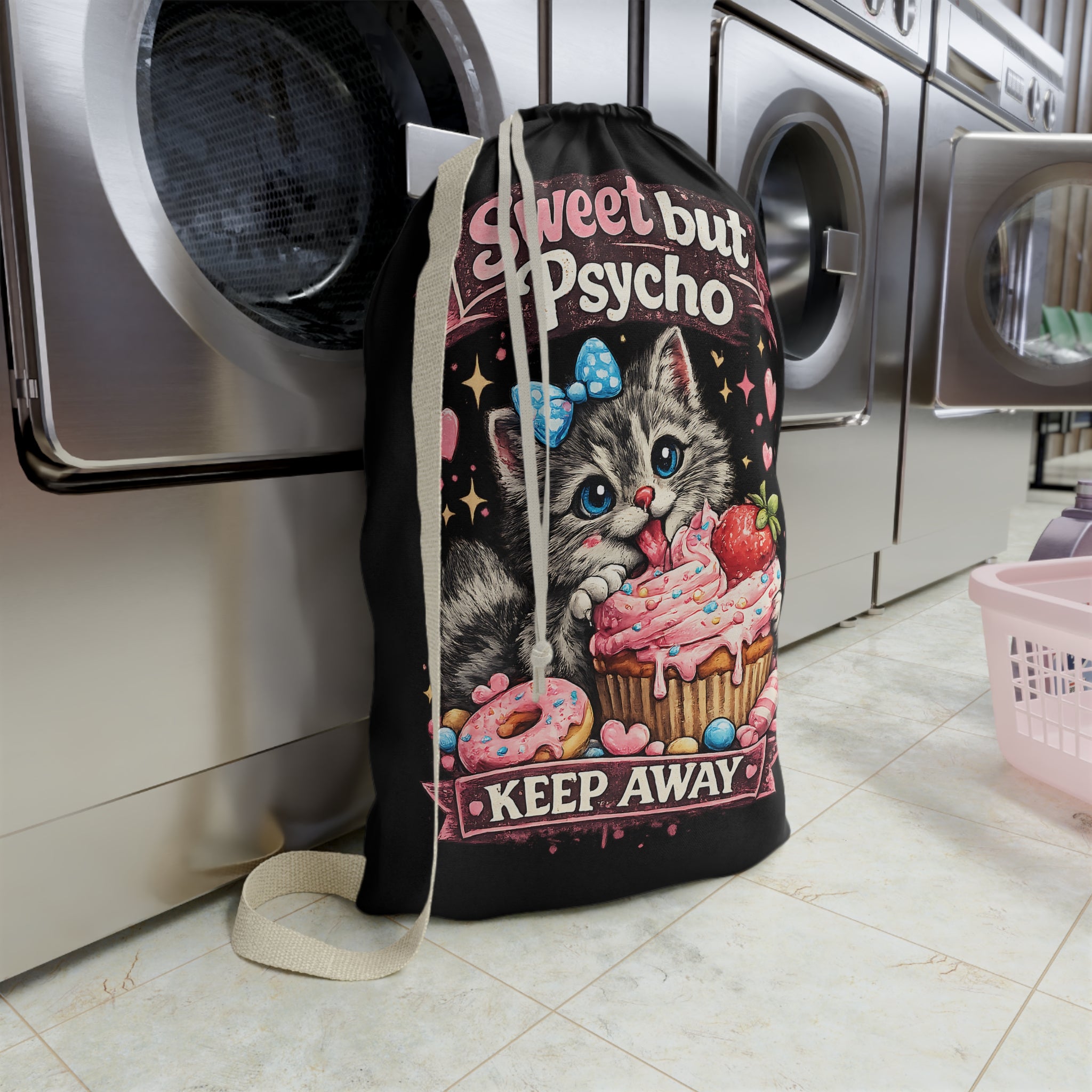 Sweet But Psycho kitten Laundry Bag | Cute Cat Dessert Illustration, Keep Away