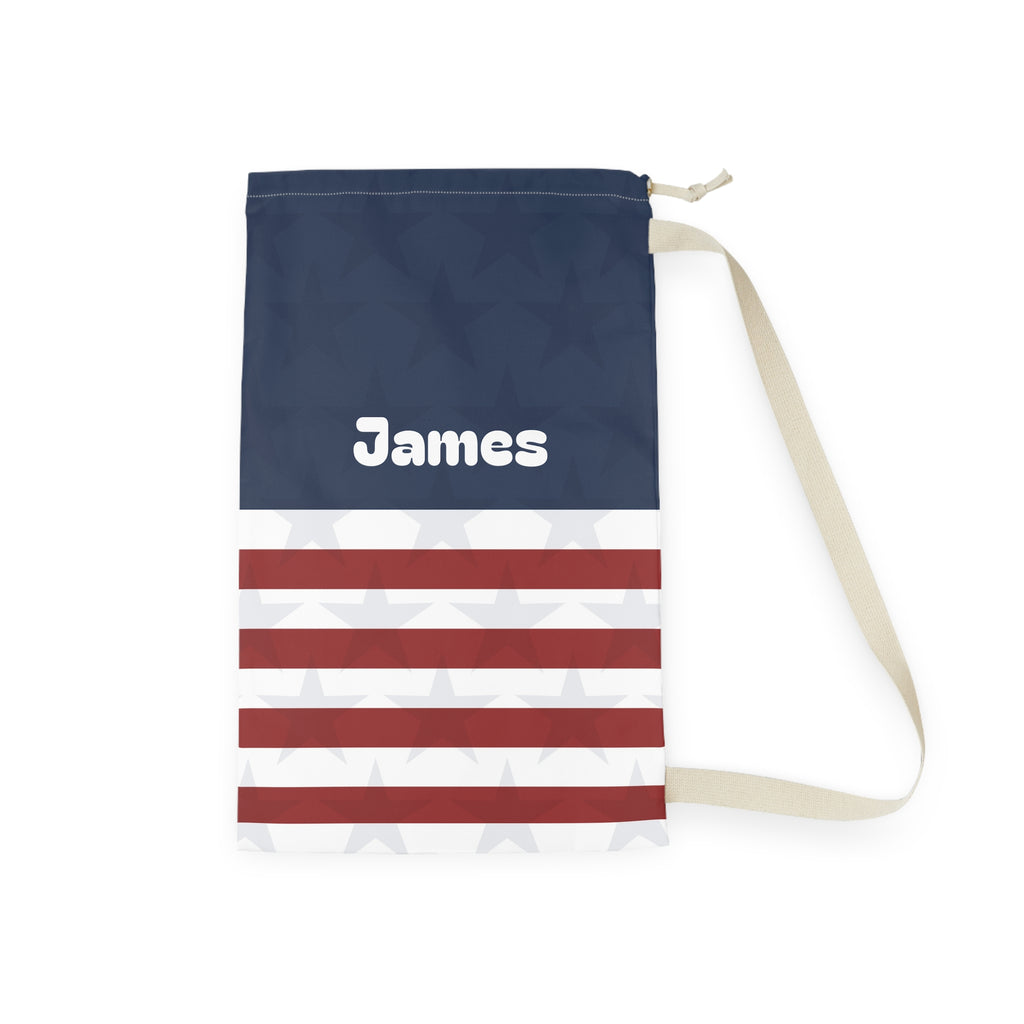 Personalized Stars Stripes Laundry Bag | Navy Red White Stripe Pocket