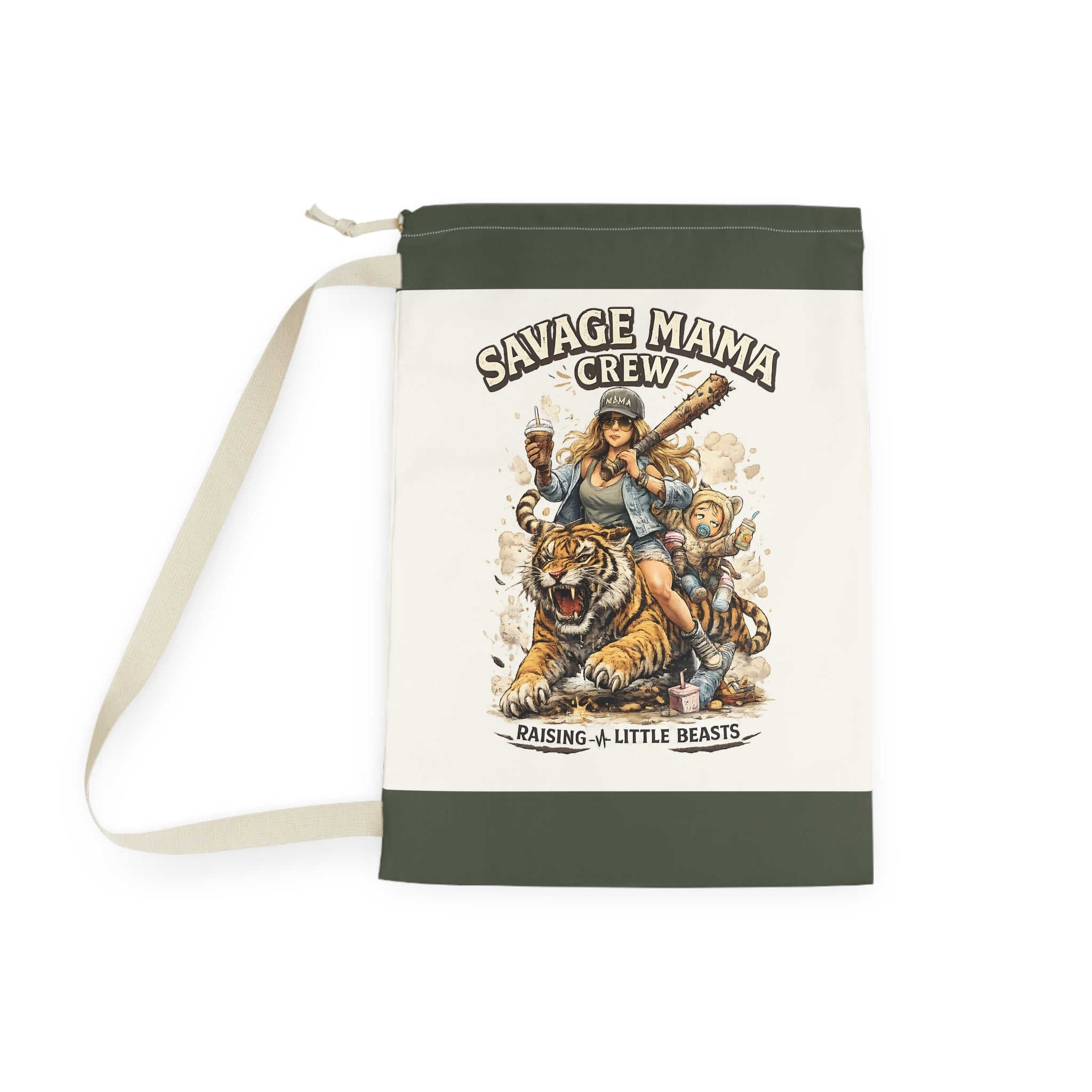 Savage Mama Crew Laundry Bag | Illustrated Mom and Kids, Tiger Rider
