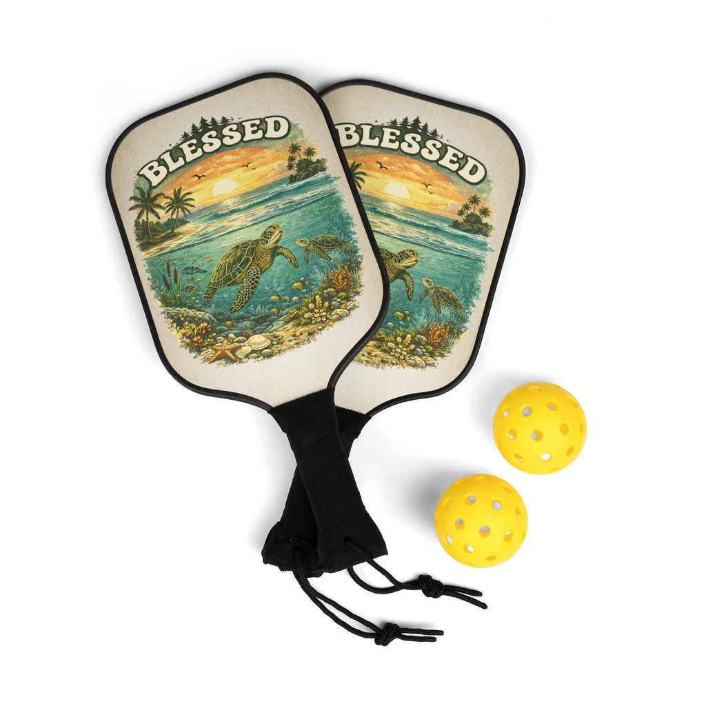 Blessed Sea Turtle Pickleball Paddle Set | Beach Sunset Coastal Paddle Gift