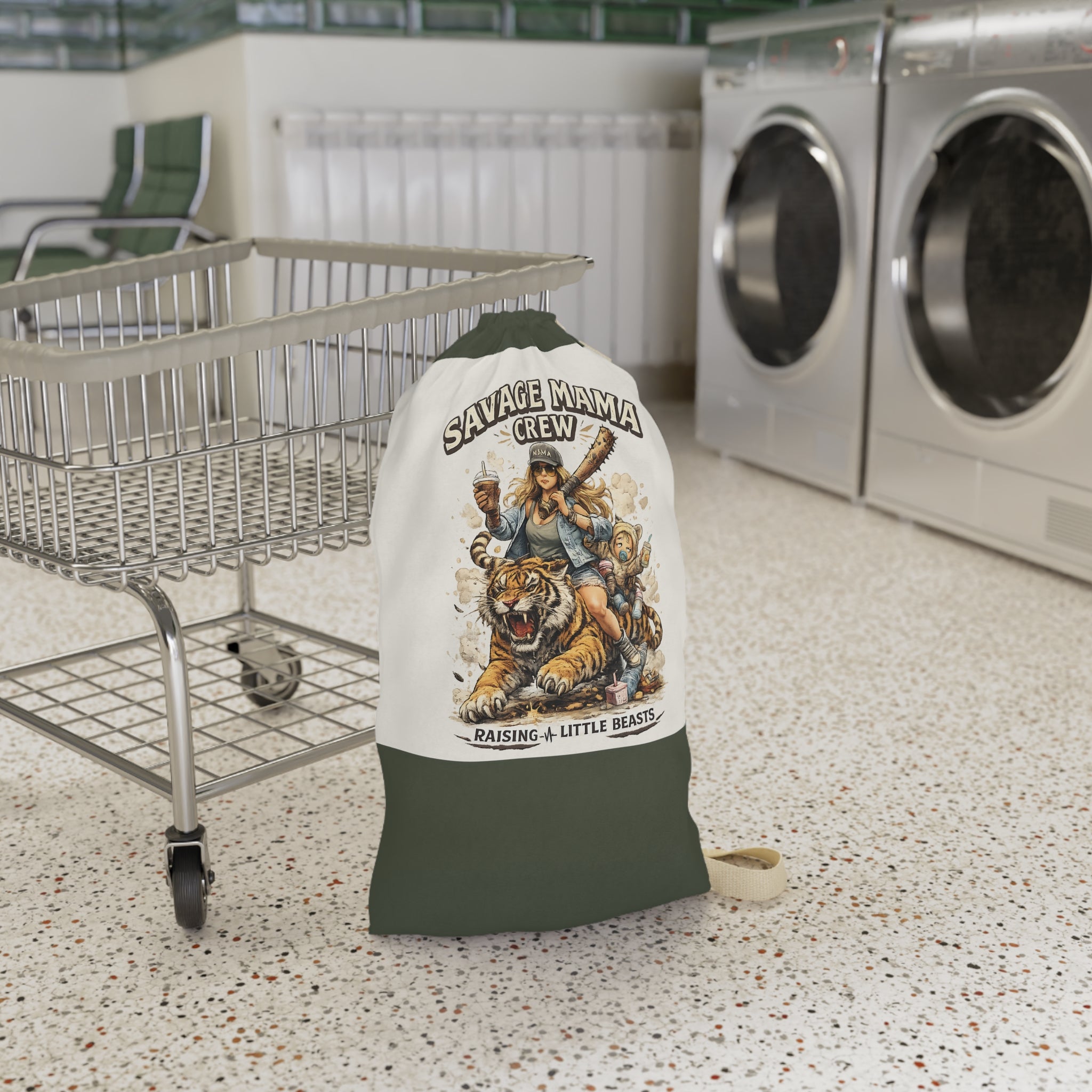 Savage Mama Crew Laundry Bag | Illustrated Mom and Kids, Tiger Rider