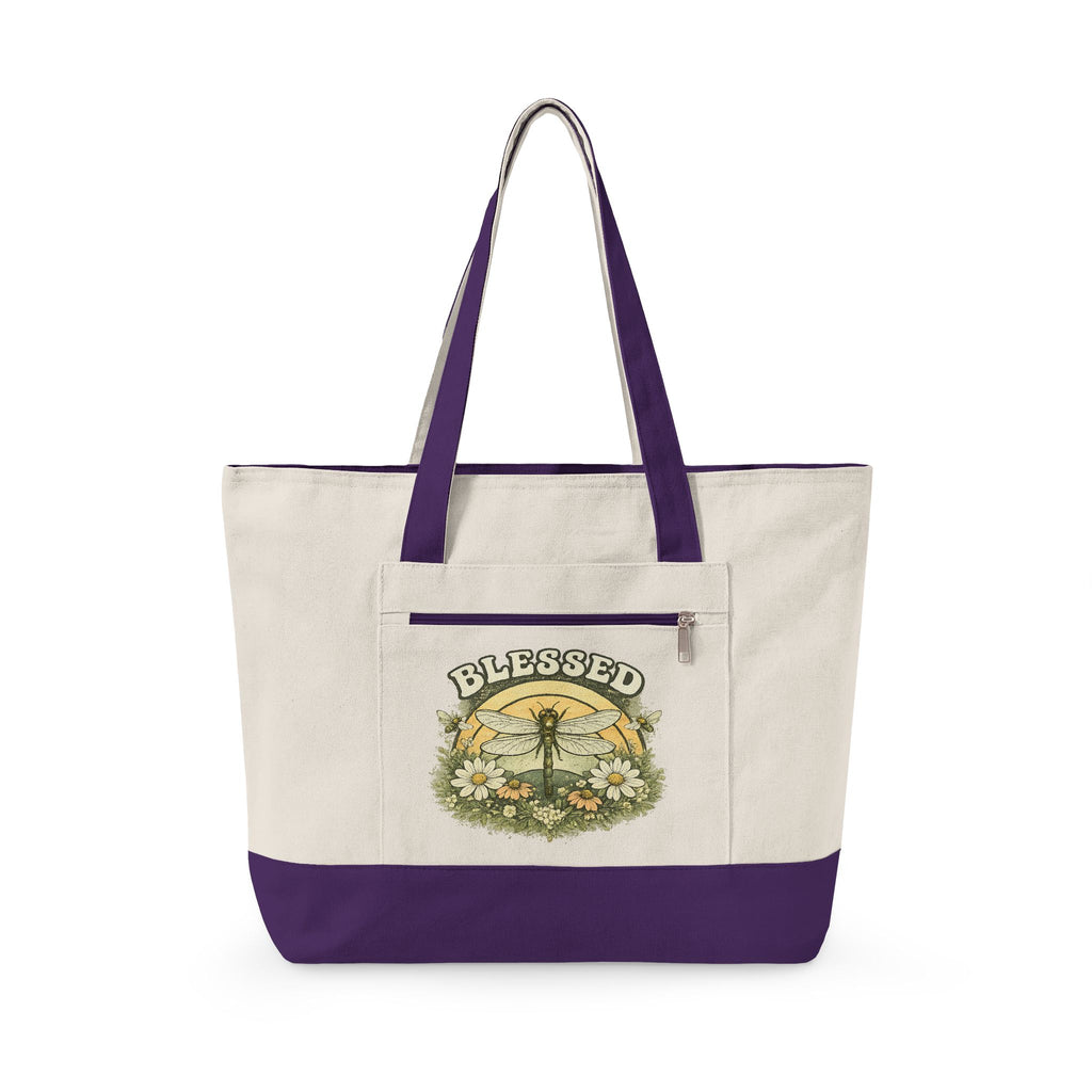 Blessed Dragonfly Floral Zippered Canvas Tote | Nature Tote Bag