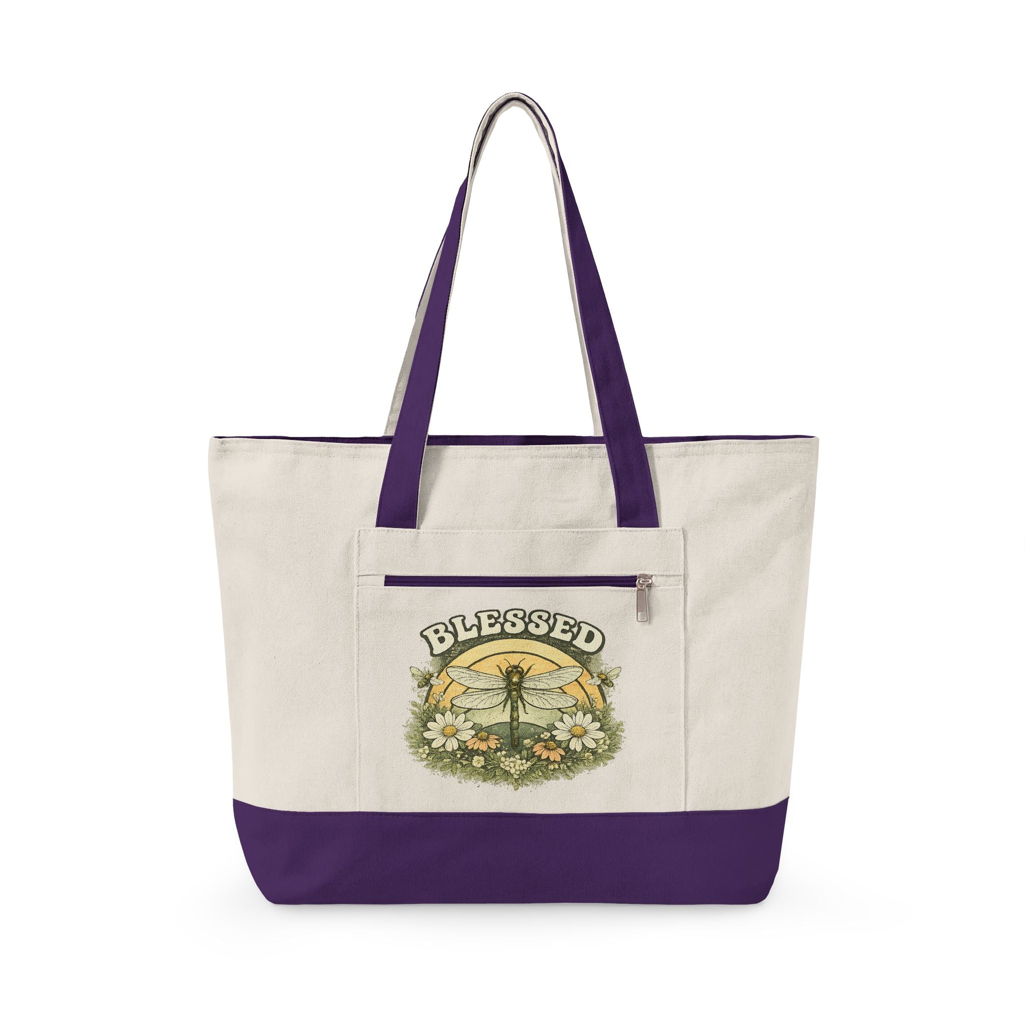 Blessed Dragonfly Floral Zippered Canvas Tote | Nature Tote Bag