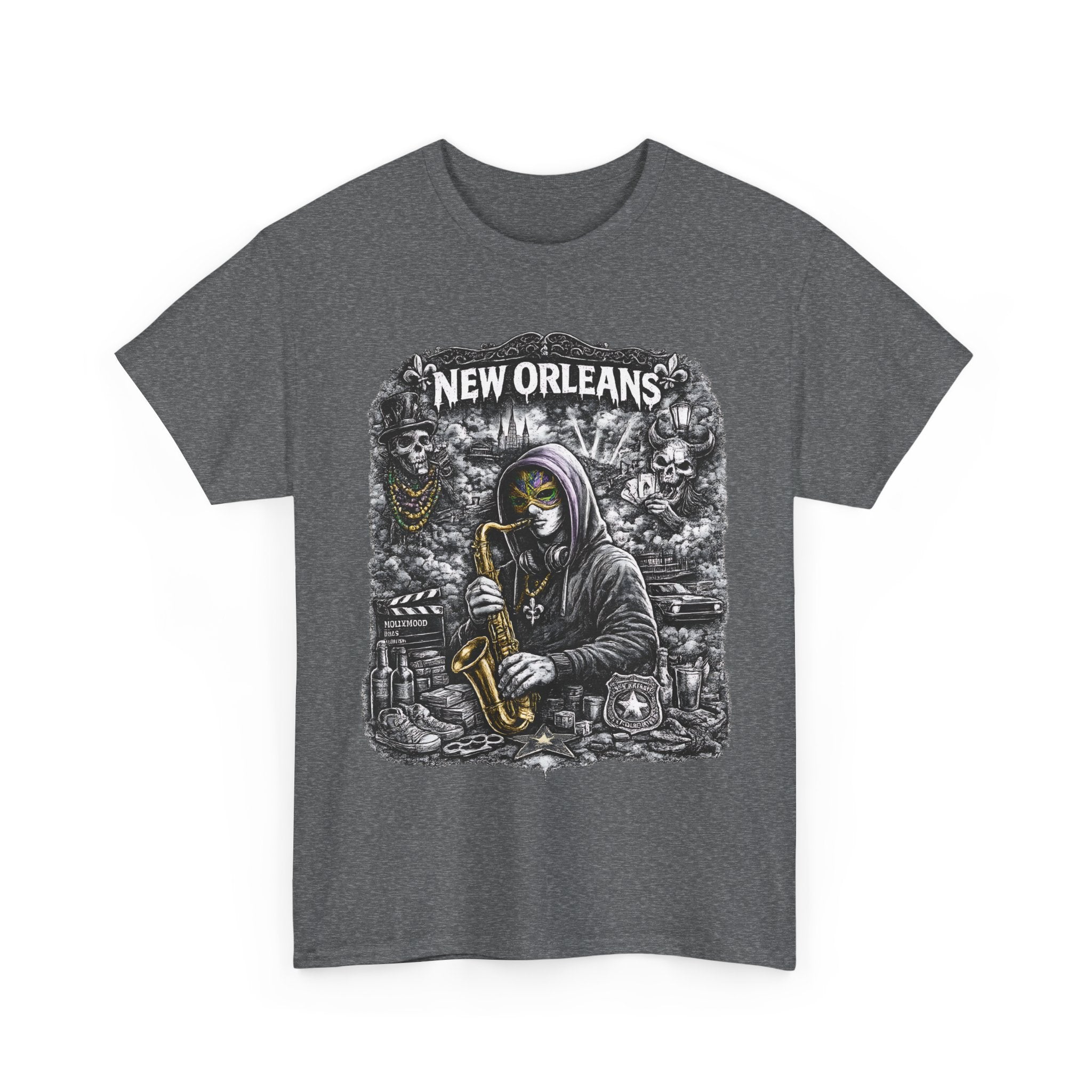 New Orleans T Shirt Jazz Graphic Tee, Dark Streetwear Saxophone Shirt, Mardi Gras Style Unisex Gift