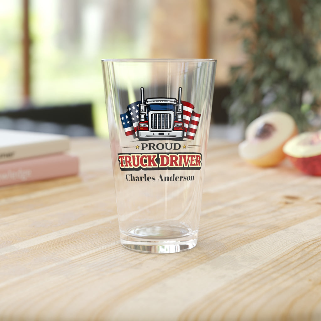 Proud Truck Driver Personalized Pint Glass 16oz  Custom Trucker Beer Glass with Name  Gift for CDL Driver, Trucker Dad Birthday Gift