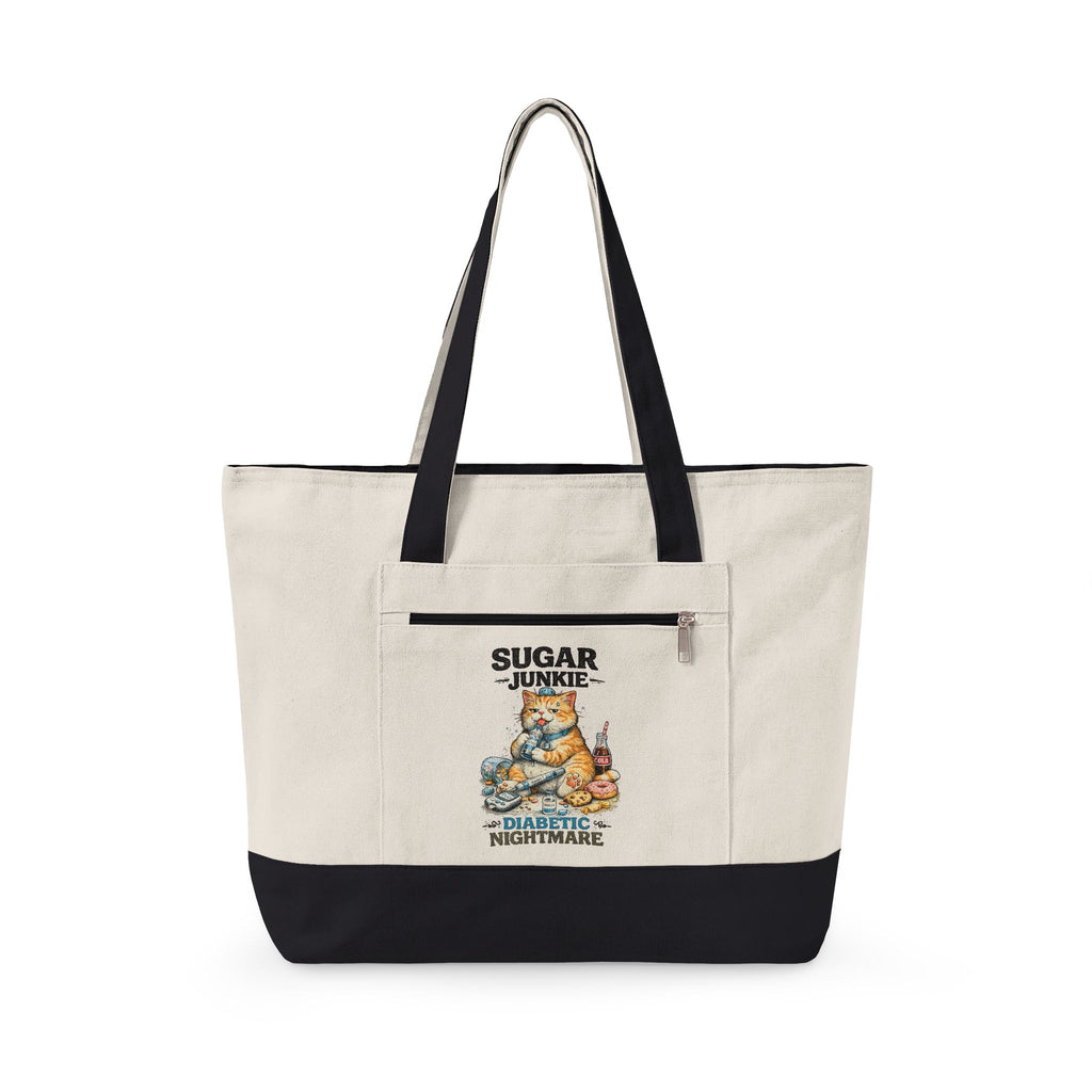 Sugar High Cat Illustration Zippered Tote | Cute Candy Cat Canvas Bag