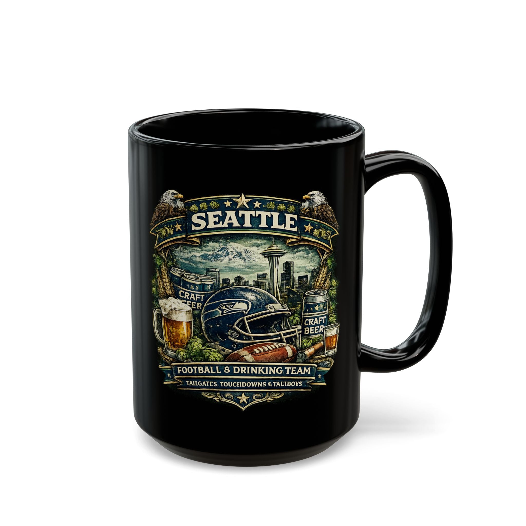 Seattle Football Mug for Men Black Coffee Cup for Beer Lovers, Tailgating & Game Day Sports Fan Gift