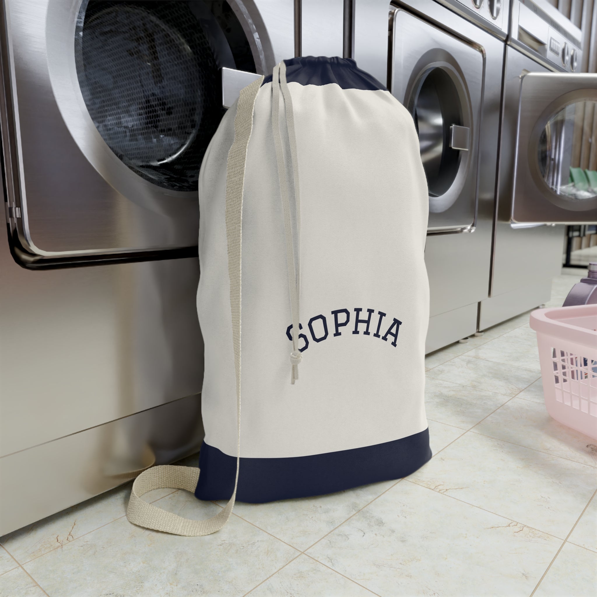 Navy Block Monogram Laundry Bag | Personalized Drawstring Tote