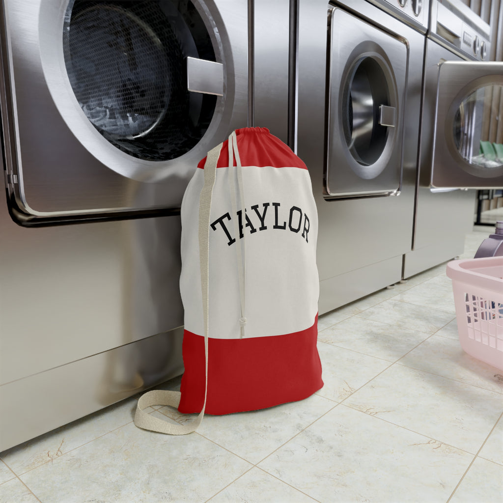 Red Stripe Personalized Laundry Bag | Drawstring Canvas Laundry Sack