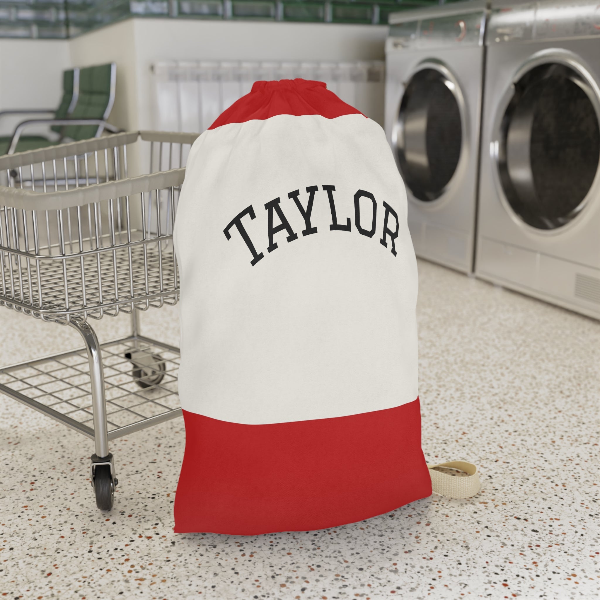 Red Stripe Personalized Laundry Bag | Drawstring Canvas Laundry Sack