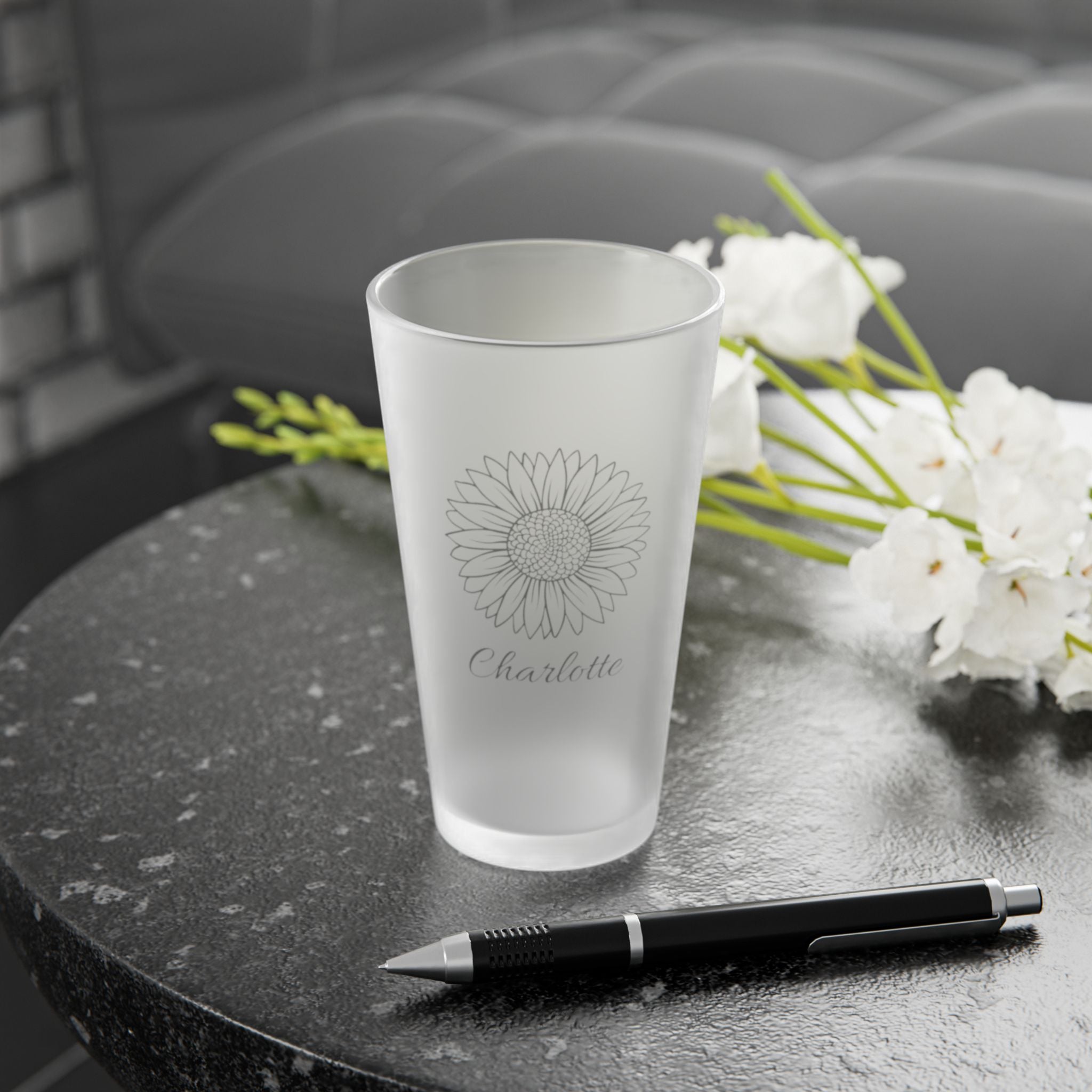 Personalized Sunflower Pint Glass  Custom Name Frosted Beer Glass  Floral Gift for Her, Birthday Gift, Bridesmaid Gift Idea