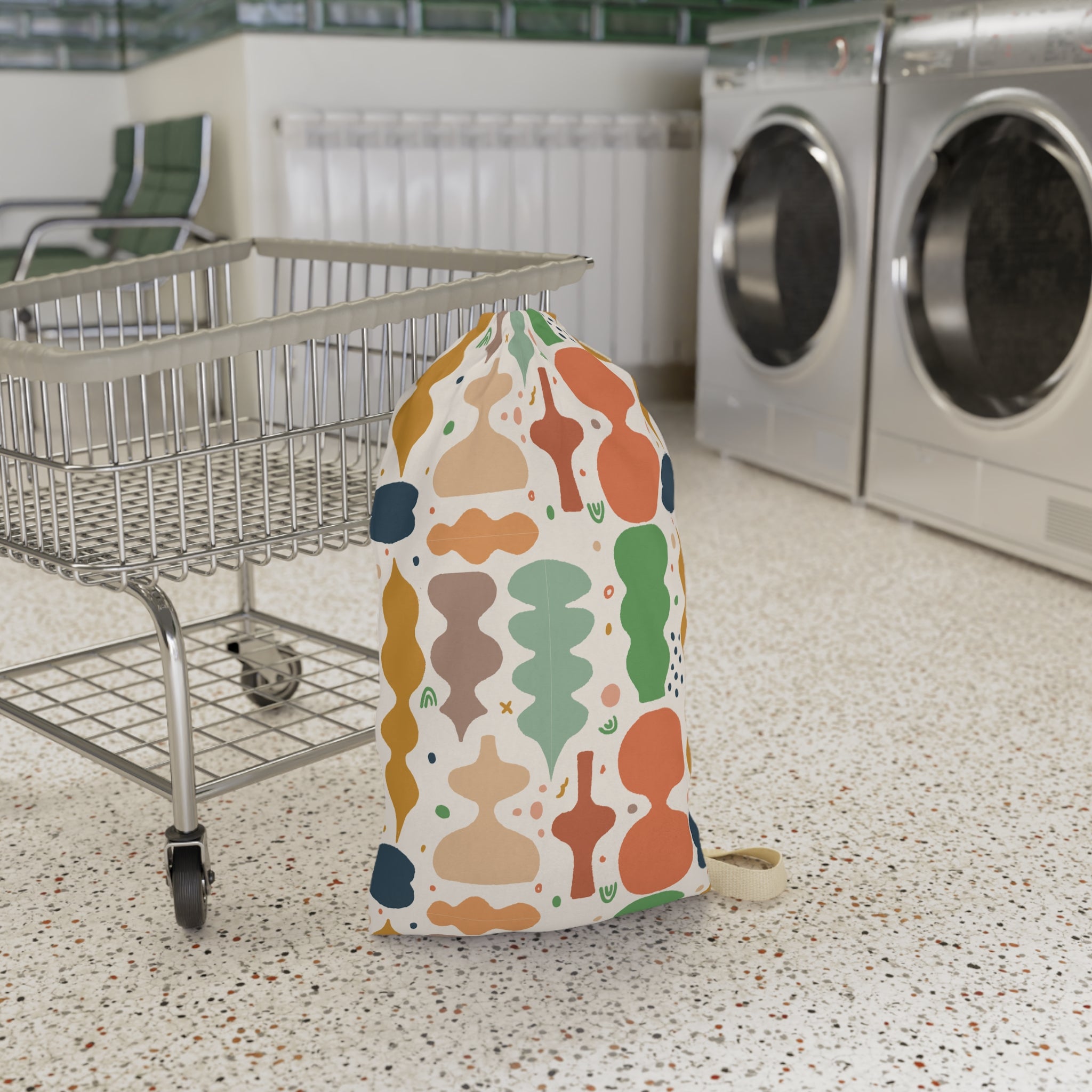 Abstract Shapes Laundry Bag | Retro Colorful Pattern, Drawstring Tote