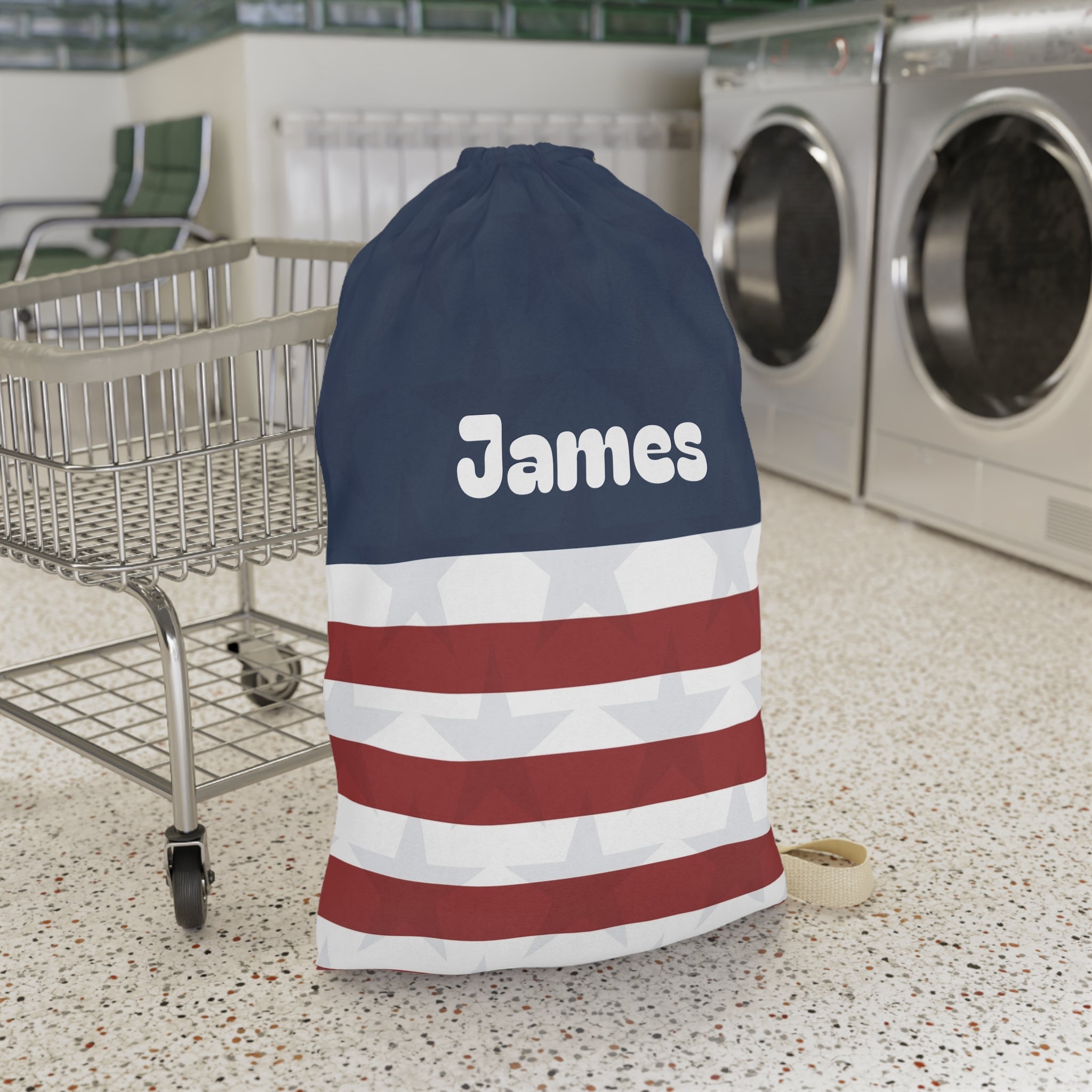 Personalized Stars Stripes Laundry Bag | Navy Red White Stripe Pocket