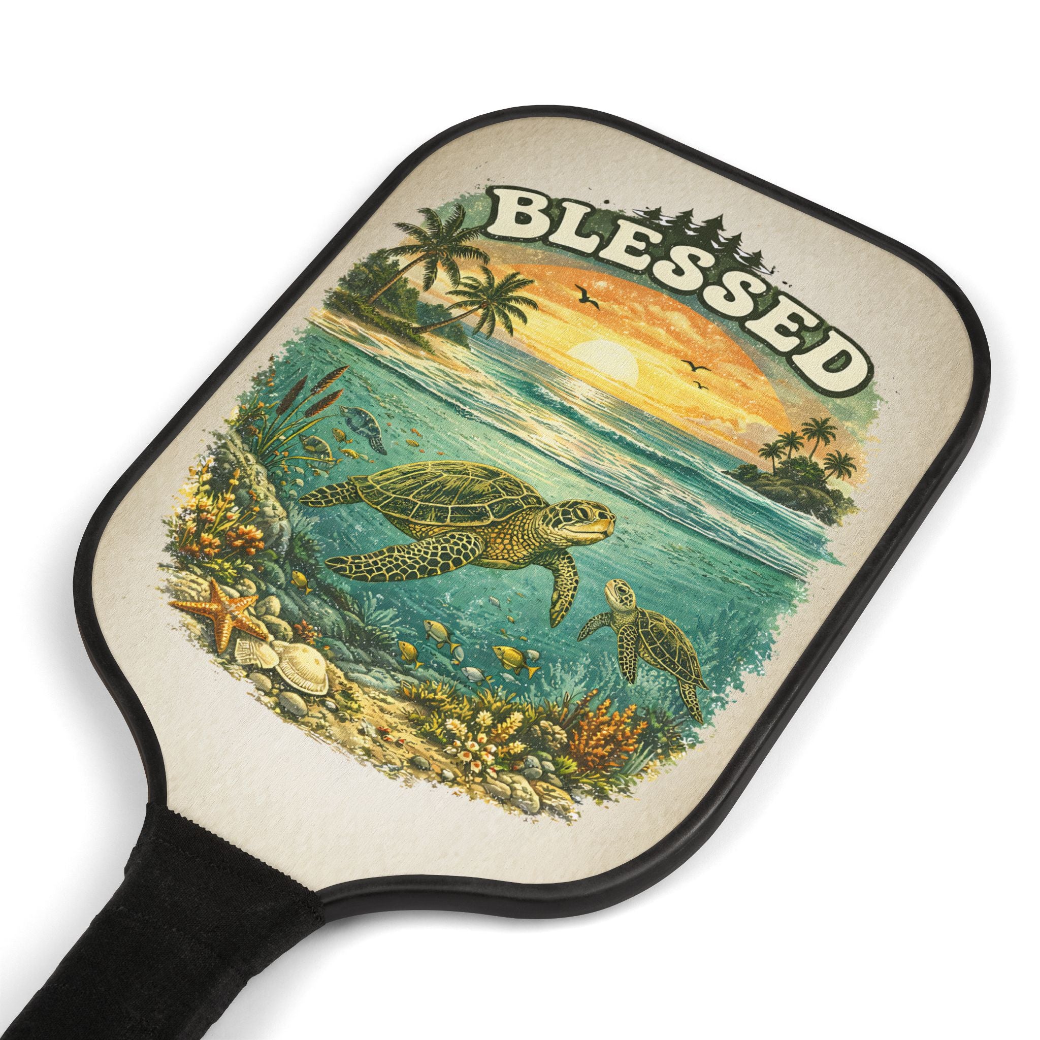 Blessed Sea Turtle Pickleball Paddle Set | Beach Sunset Coastal Paddle Gift