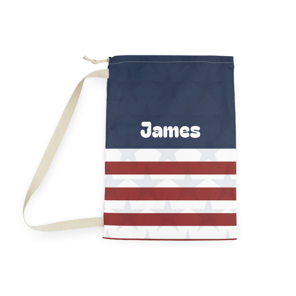 Personalized Stars Stripes Laundry Bag | Navy Red White Stripe Pocket
