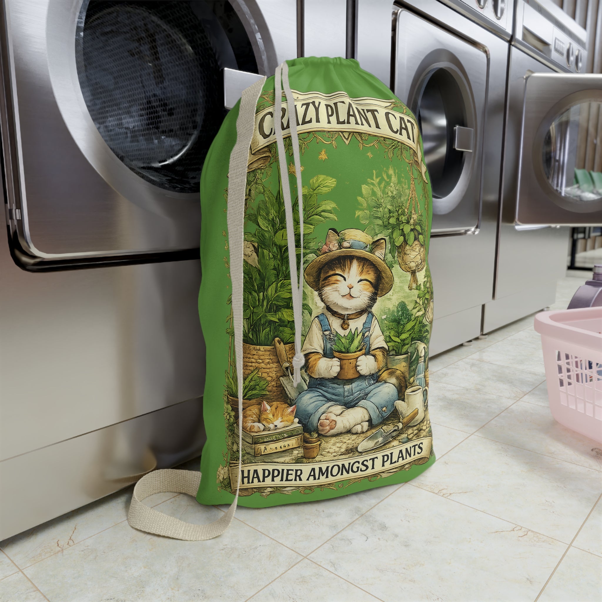 Crazy Plant Cat Laundry Bag | Cat Gardener Illustration, Green Drawstring