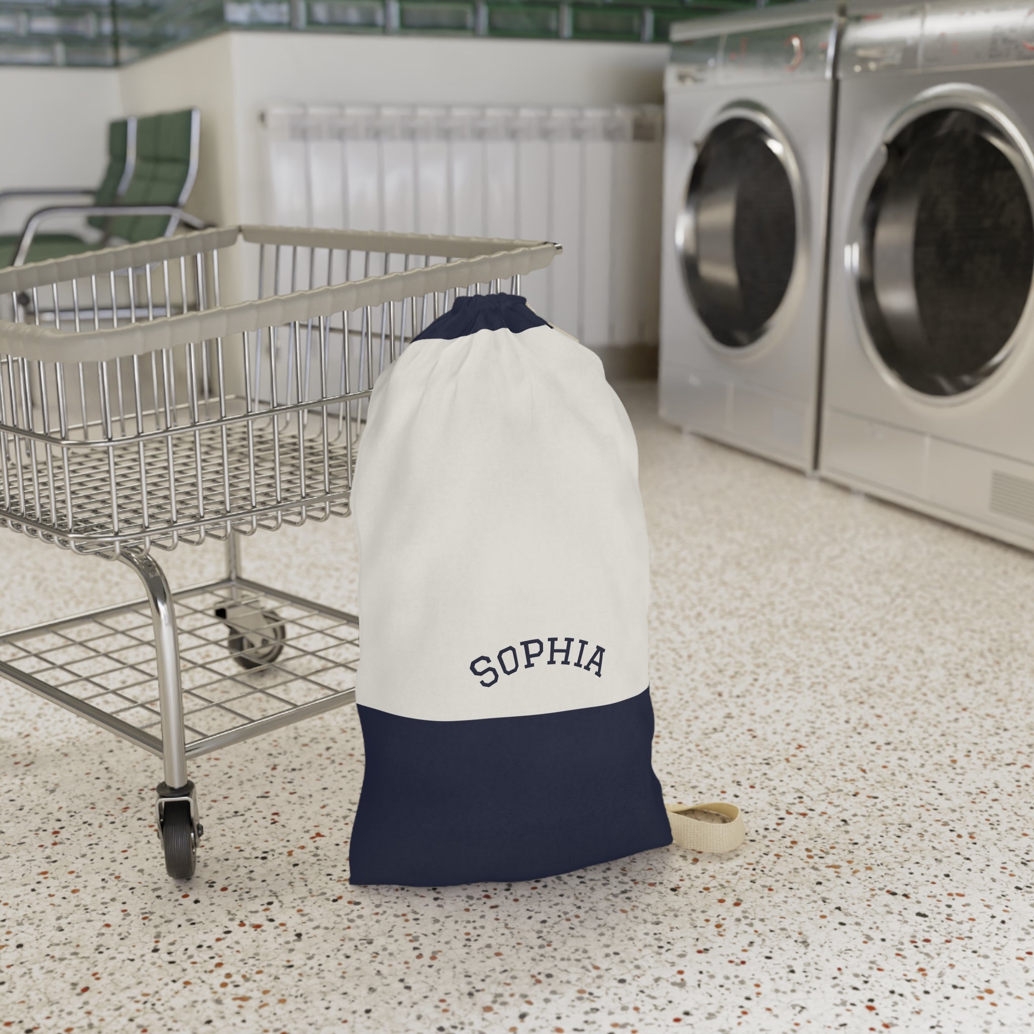 Navy Block Monogram Laundry Bag | Personalized Drawstring Tote