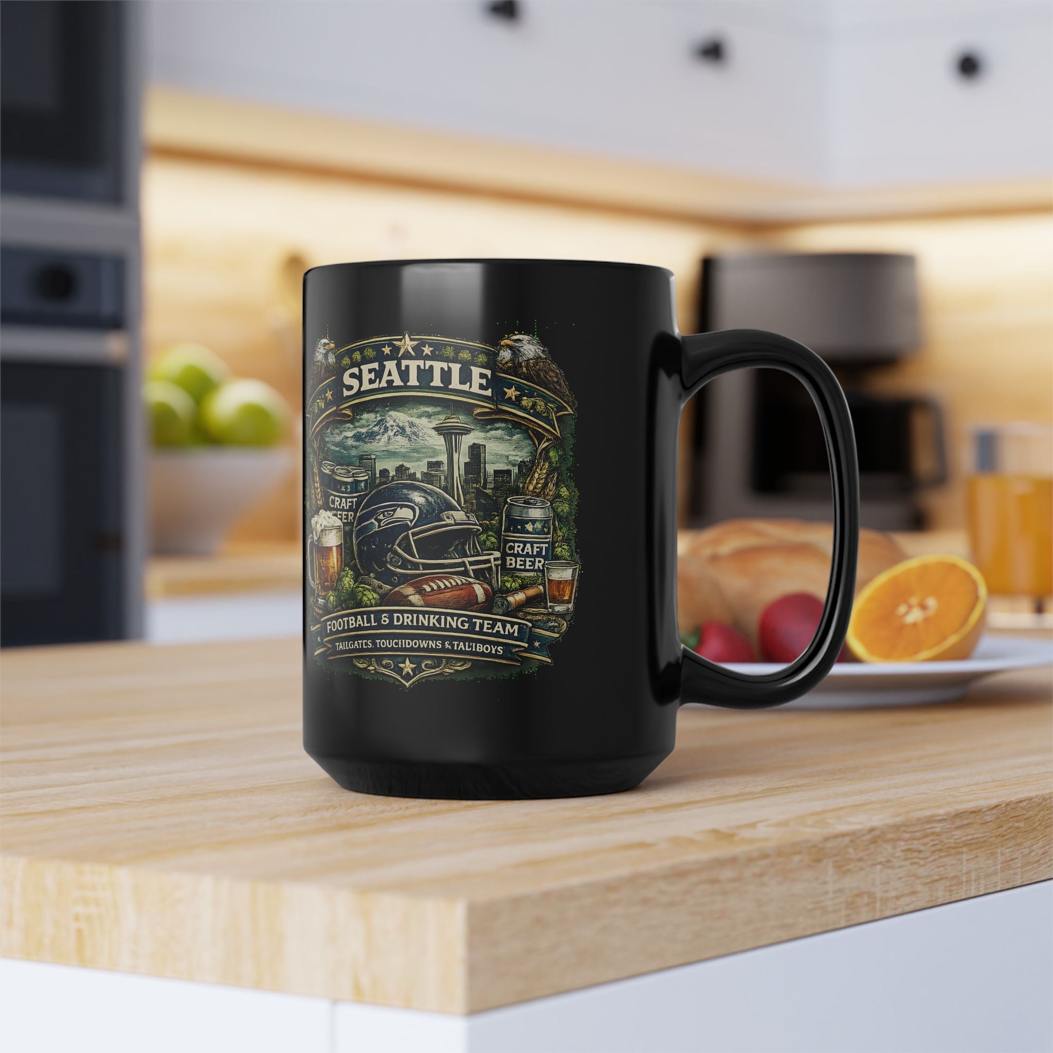Seattle Football Mug for Men Black Coffee Cup for Beer Lovers, Tailgating & Game Day Sports Fan Gift