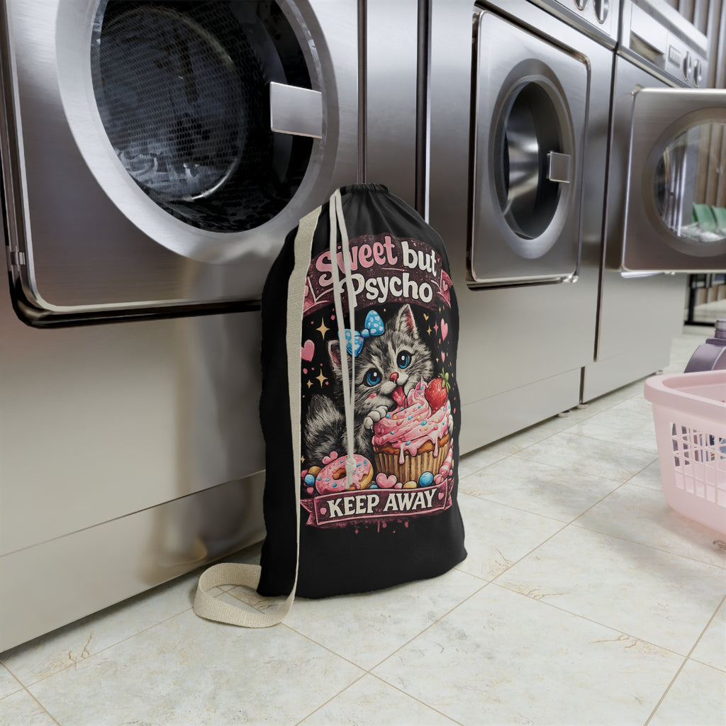 Sweet But Psycho kitten Laundry Bag | Cute Cat Dessert Illustration, Keep Away