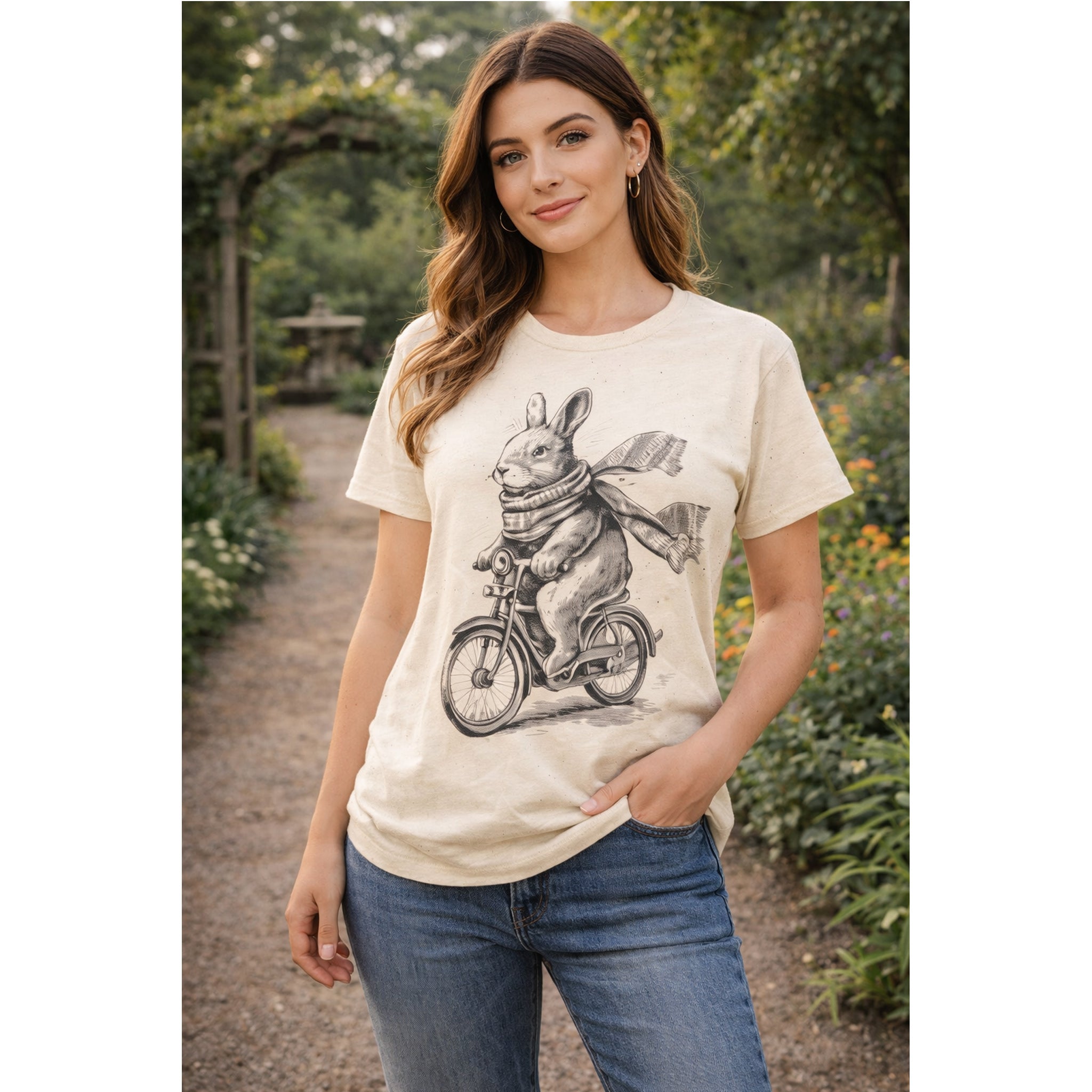 Cute Bunny Riding Bicycle T Shirt Funny Rabbit Illustration Tee Vintage Animal Shirt Gift for Animal Lovers