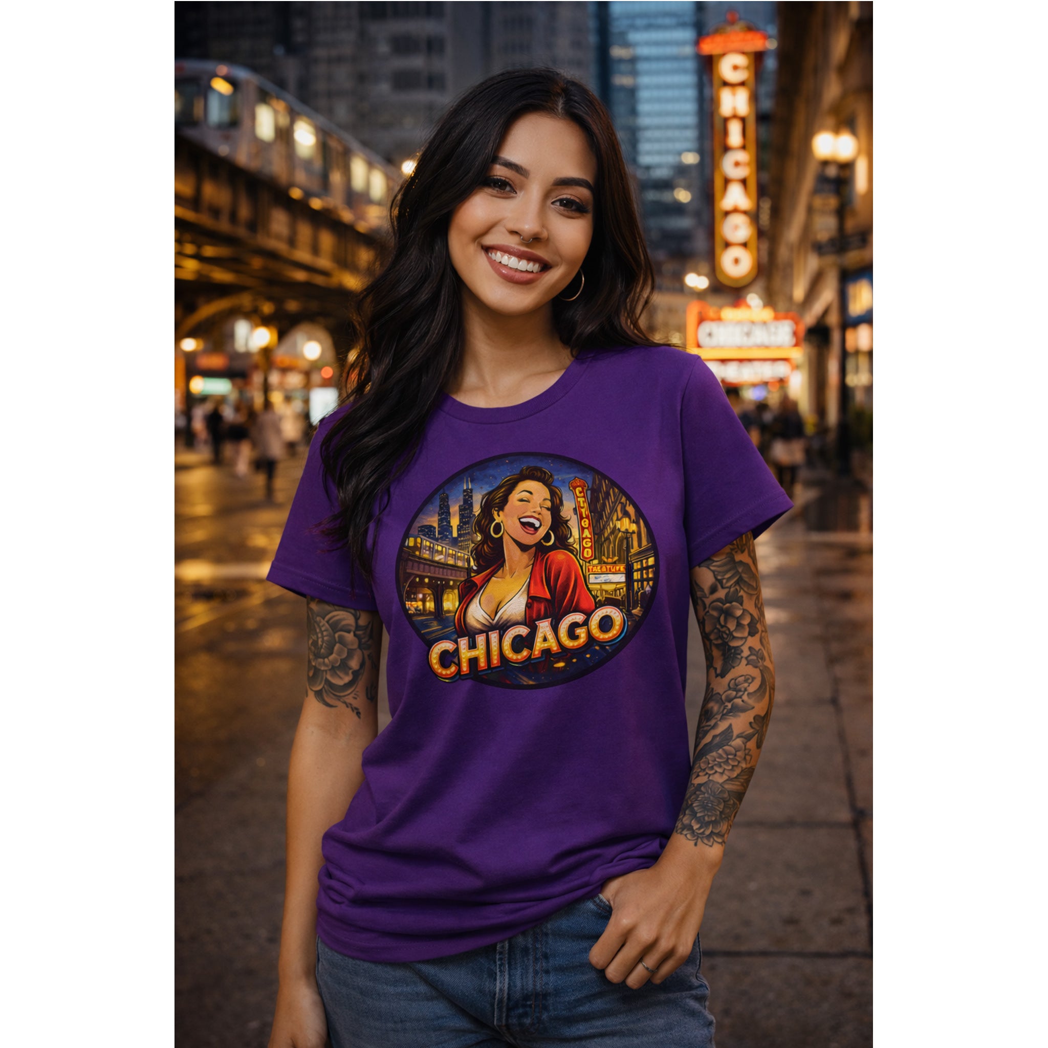 Chicago T Shirt Vintage City Graphic Tee, Retro Chicago Shirt for Women, Urban Night Skyline Travel Gift