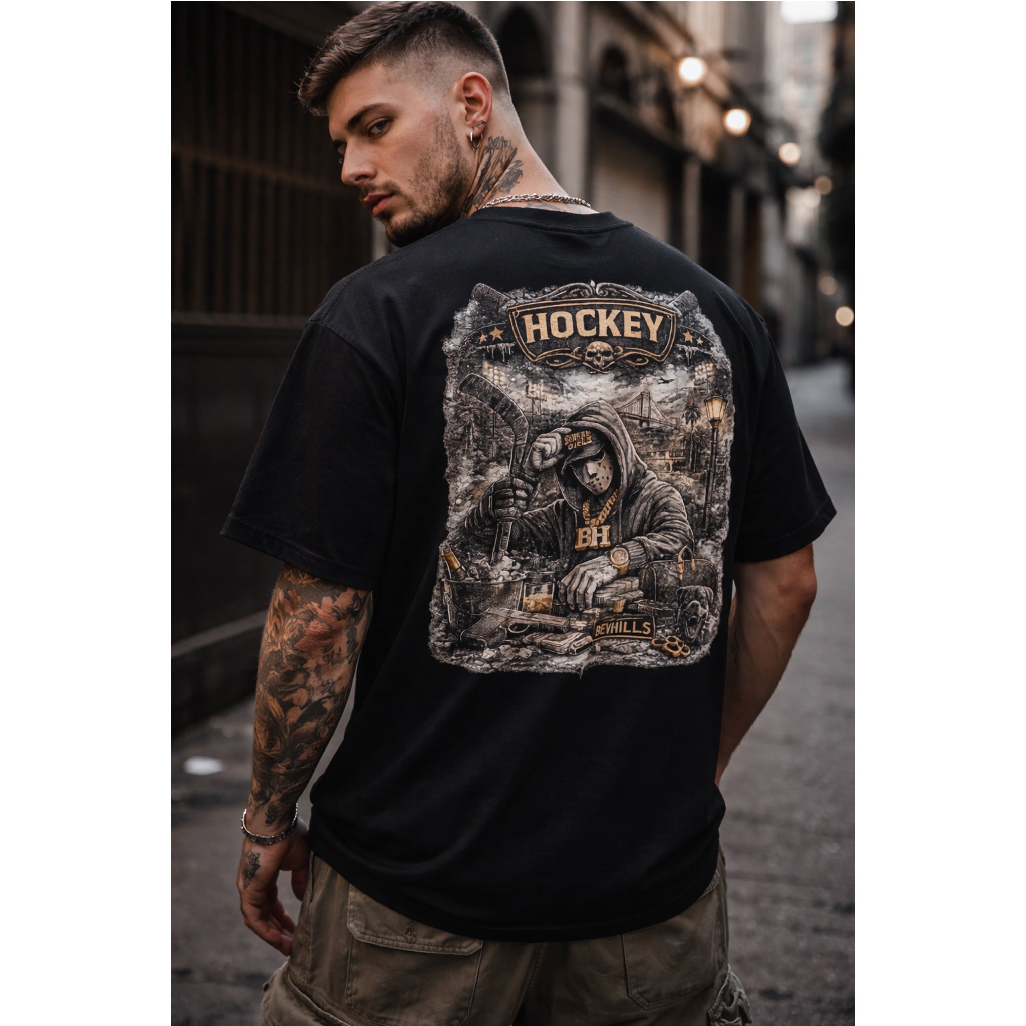 Hockey Streetwear T-Shirt Oversize Black  Urban Dark Graphic Tee Hip Hop Street Style Back Print Luxury