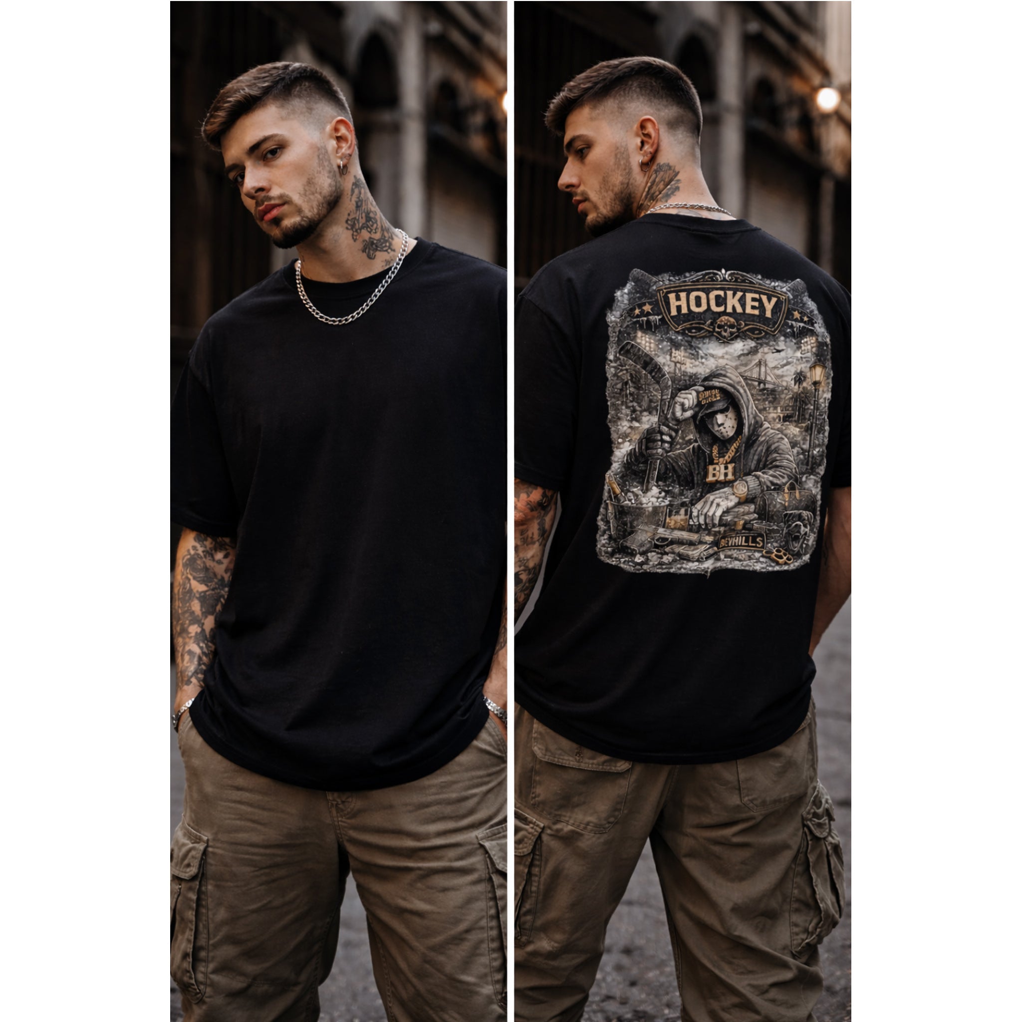 Hockey Streetwear T-Shirt Oversize Black  Urban Dark Graphic Tee Hip Hop Street Style Back Print Luxury