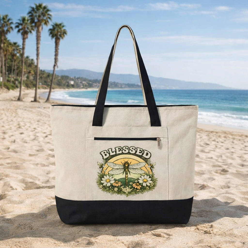 Blessed Dragonfly Floral Zippered Canvas Tote | Nature Tote Bag