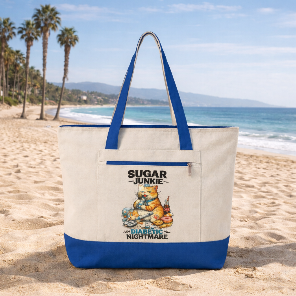 Sugar High Cat Illustration Zippered Tote | Cute Candy Cat Canvas Bag