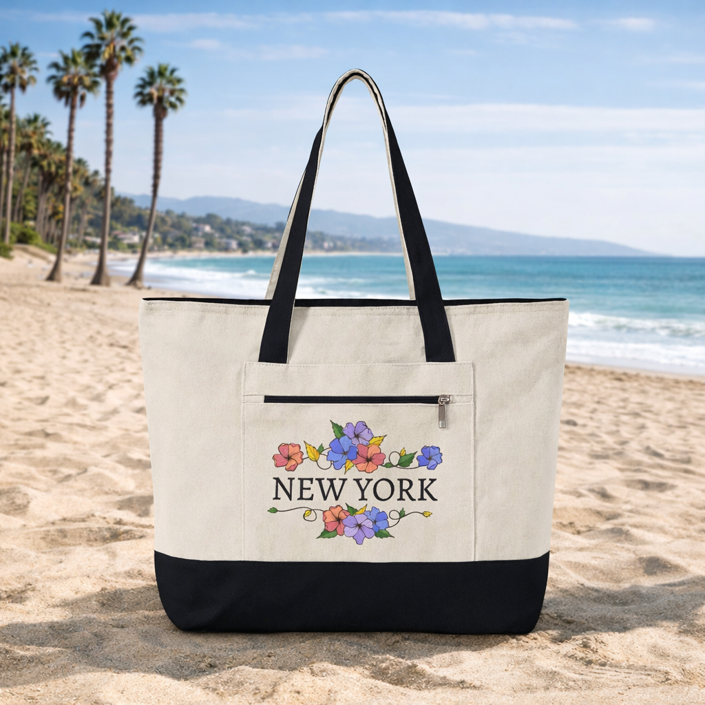 New York floral script Zippered Canvas Tote | city bouquet design