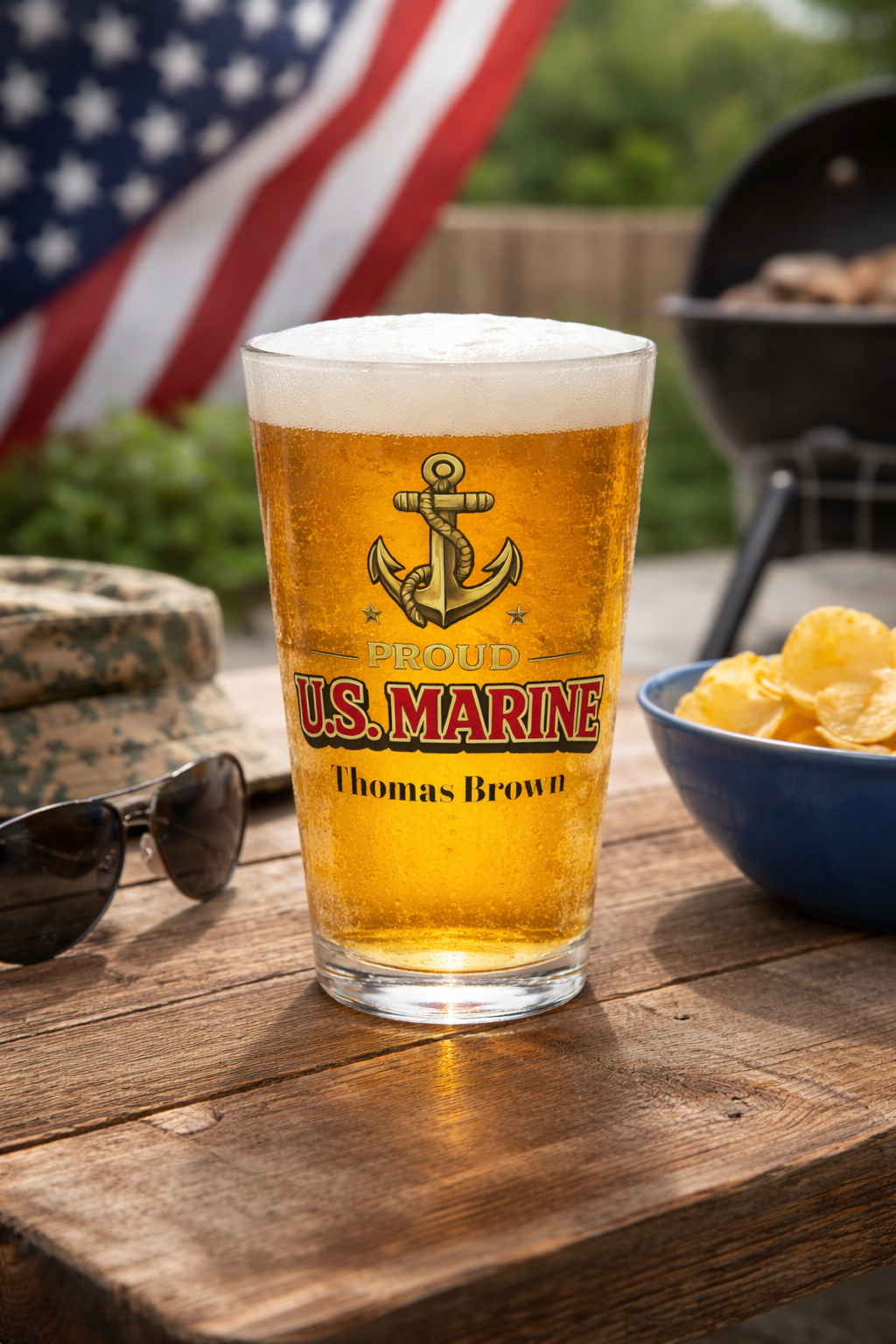 Personalized US Marine Pint Glass 16oz | Proud Marine Beer Glass | Custom Military Gift for Marine | Veteran Gift for Him