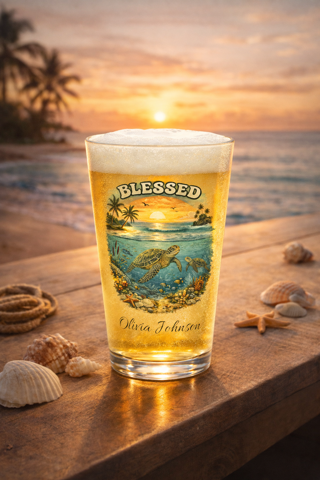 Personalized Sea Turtle Pint Glass  Blessed Beach Sunset Beer Glass with Custom Name  Ocean Lover Gift, Coastal Barware