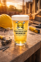 Personalized Construction Worker Pint Glass  Proud Construction Worker Beer Glass with Custom Name  Contractor Gift for Him