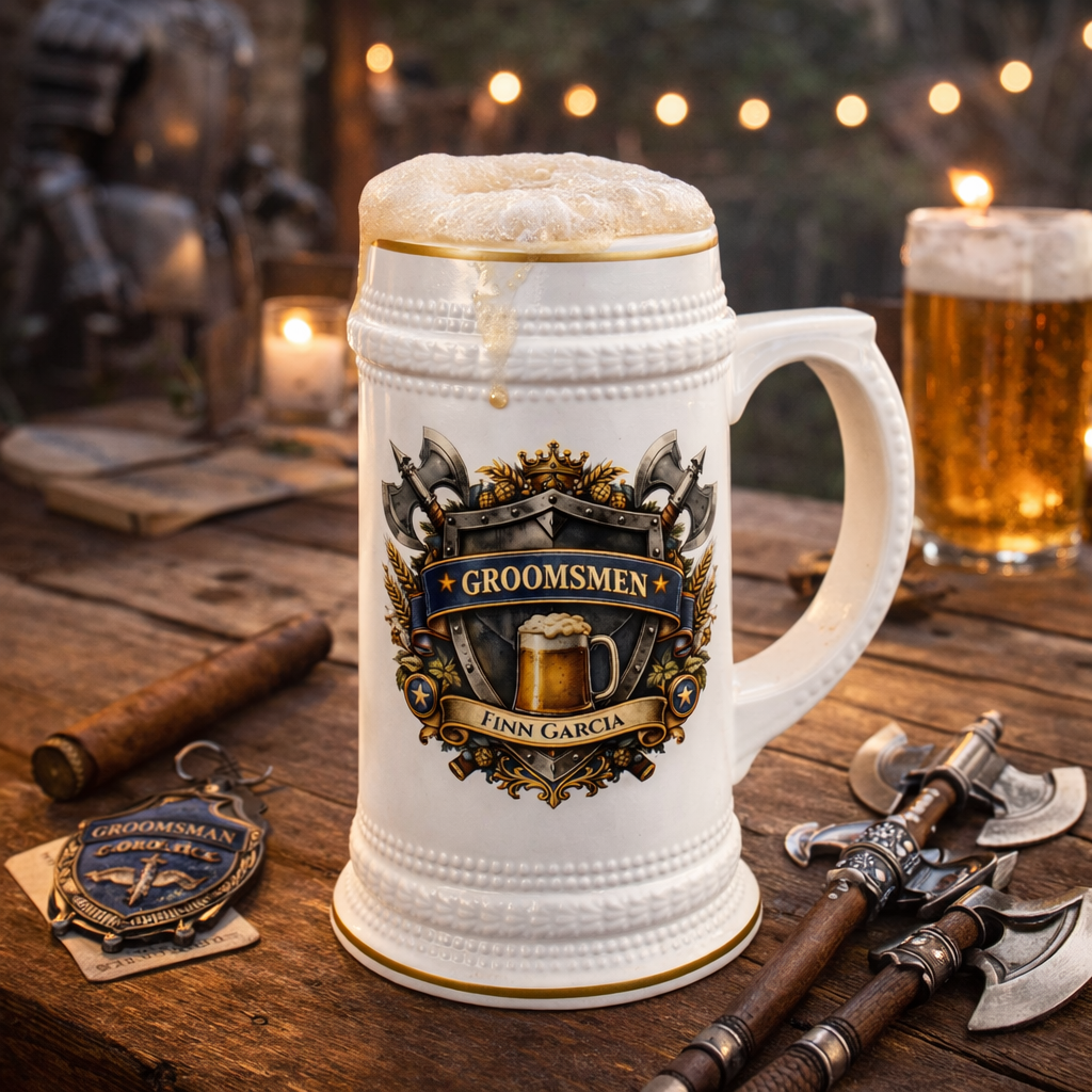 Personalized Groomsmen Beer Stein 22oz - Custom Name Wedding Mug, Medieval Shield Beer Stein