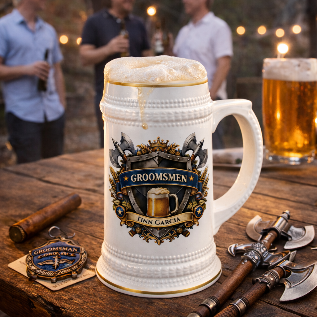 Personalized Groomsmen Beer Stein 22oz - Custom Name Wedding Mug, Medieval Shield Beer Stein