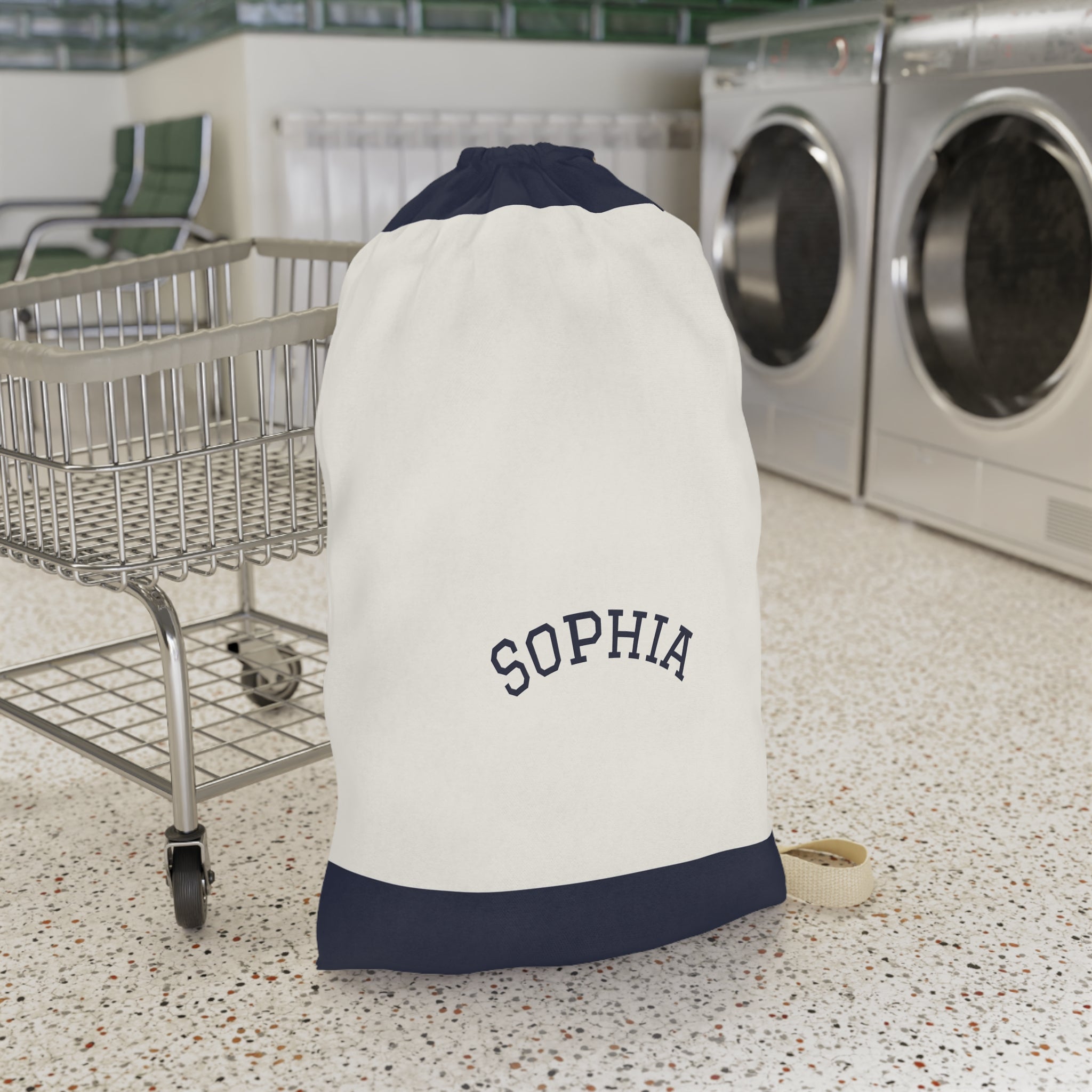 Navy Block Monogram Laundry Bag | Personalized Drawstring Tote