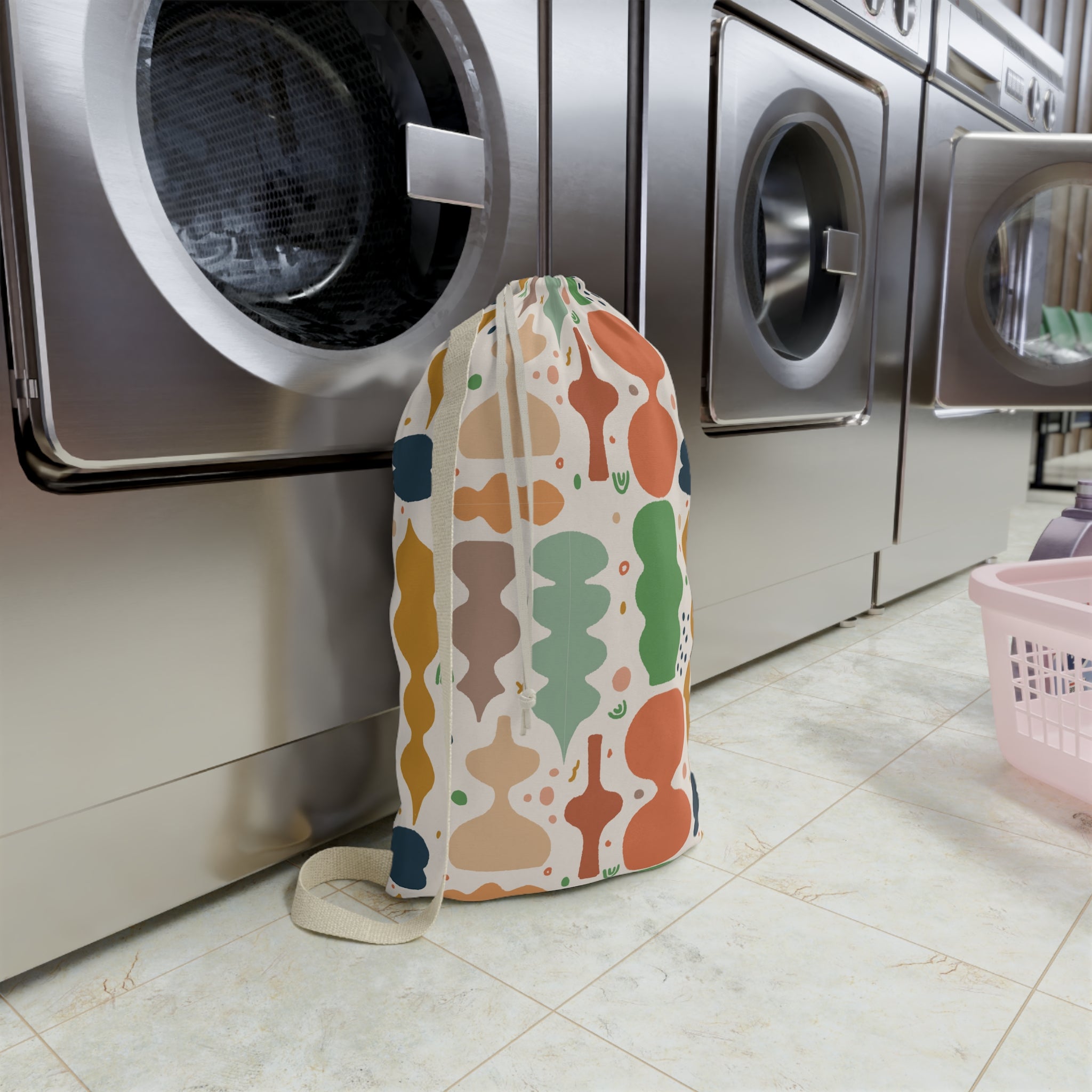 Abstract Shapes Laundry Bag | Retro Colorful Pattern, Drawstring Tote