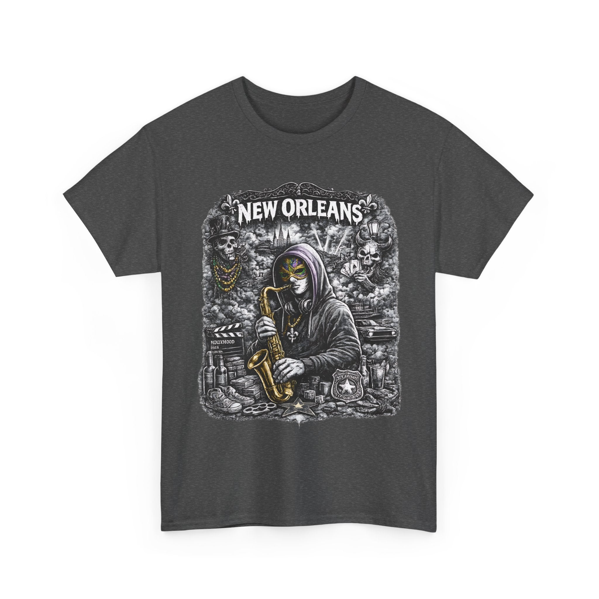 New Orleans T Shirt Jazz Graphic Tee, Dark Streetwear Saxophone Shirt, Mardi Gras Style Unisex Gift