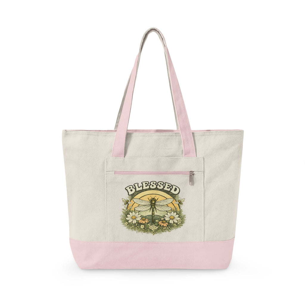 Blessed Dragonfly Floral Zippered Canvas Tote | Nature Tote Bag