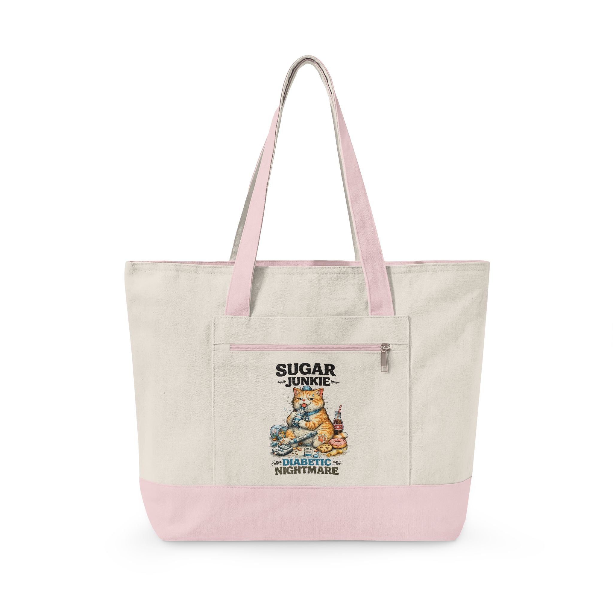Sugar High Cat Illustration Zippered Tote | Cute Candy Cat Canvas Bag