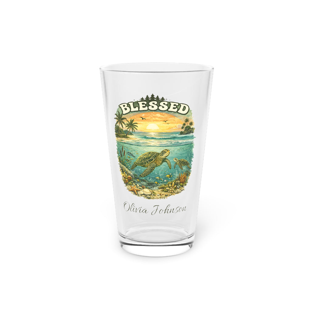 Personalized Sea Turtle Pint Glass  Blessed Beach Sunset Beer Glass with Custom Name  Ocean Lover Gift, Coastal Barware