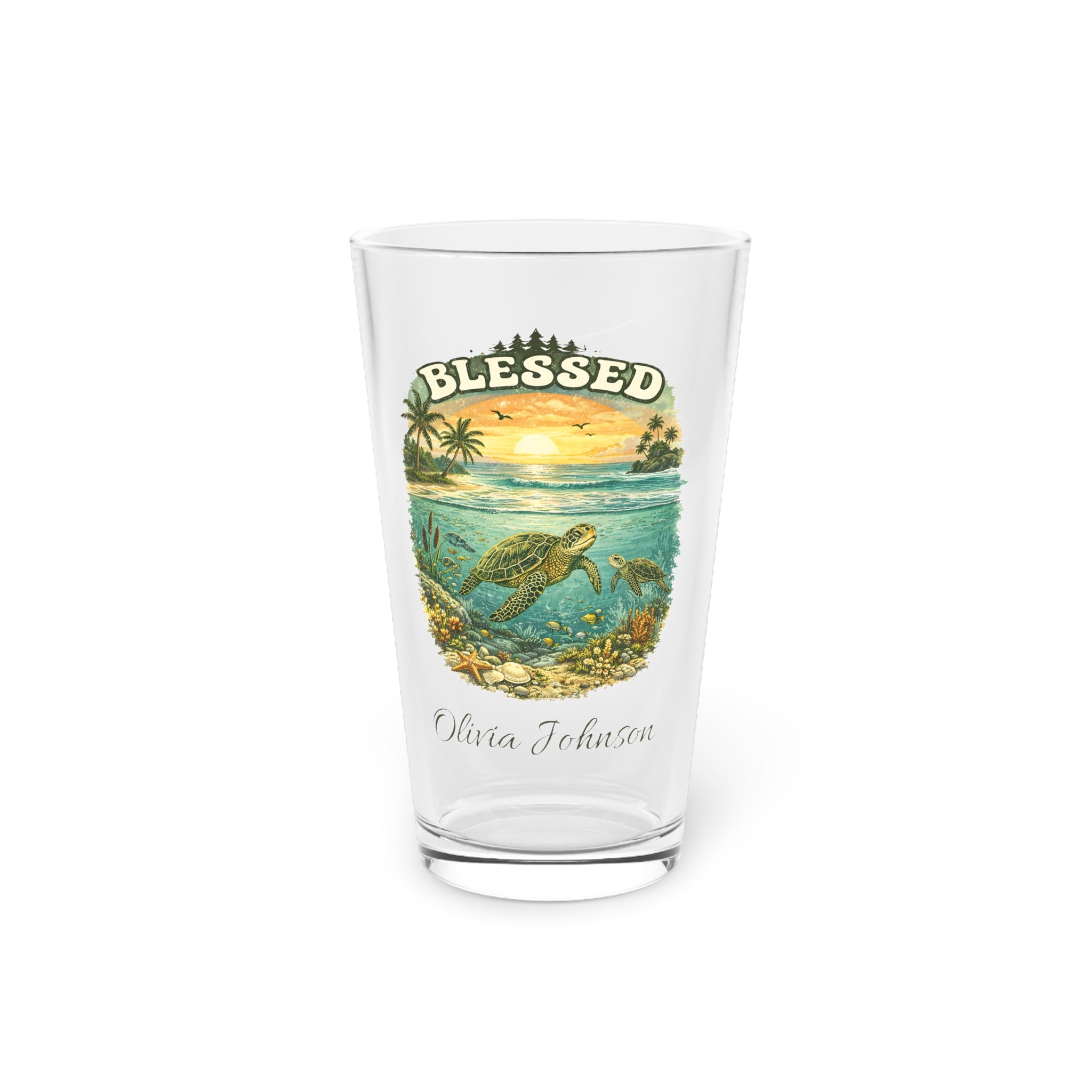Personalized Sea Turtle Pint Glass  Blessed Beach Sunset Beer Glass with Custom Name  Ocean Lover Gift, Coastal Barware