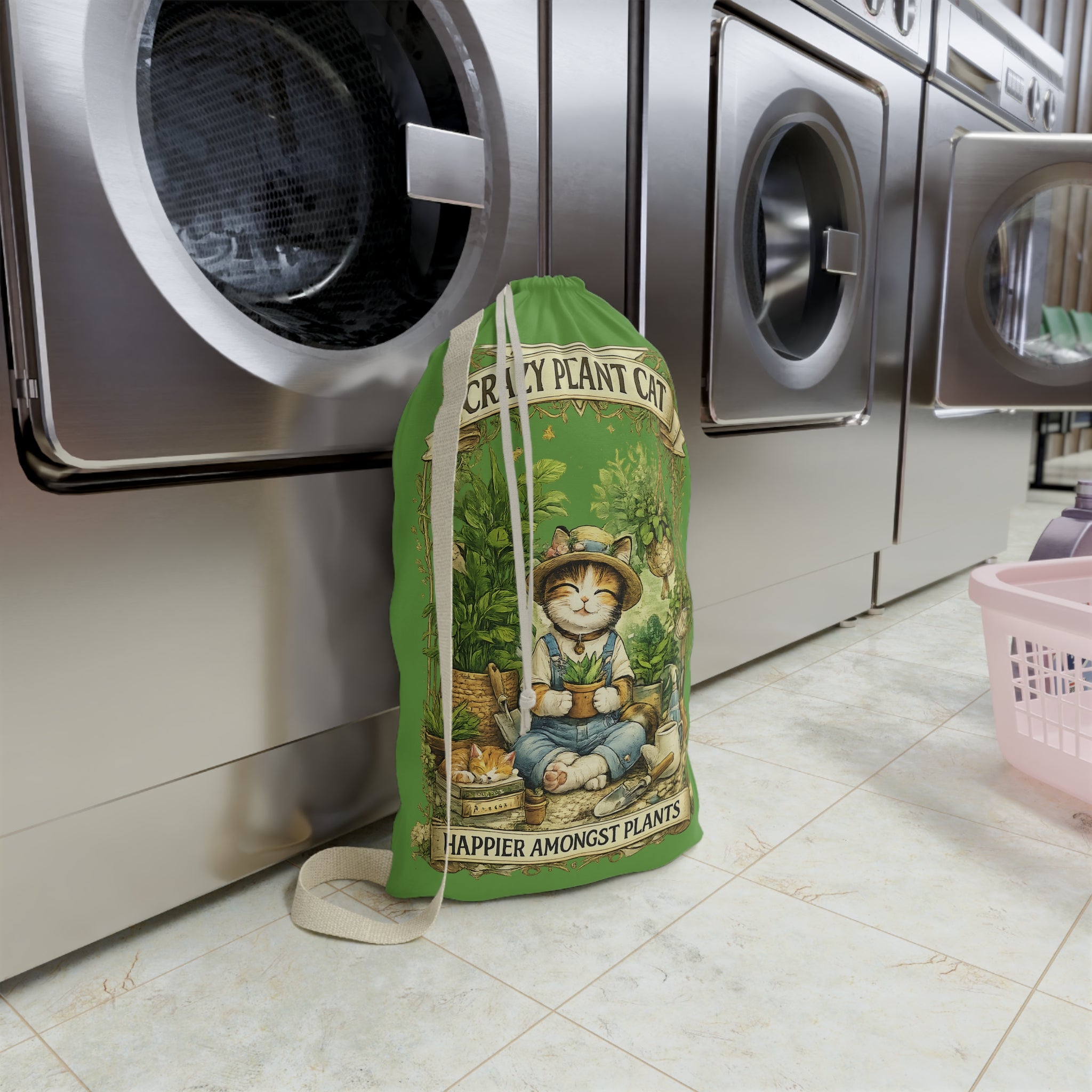 Crazy Plant Cat Laundry Bag | Cat Gardener Illustration, Green Drawstring