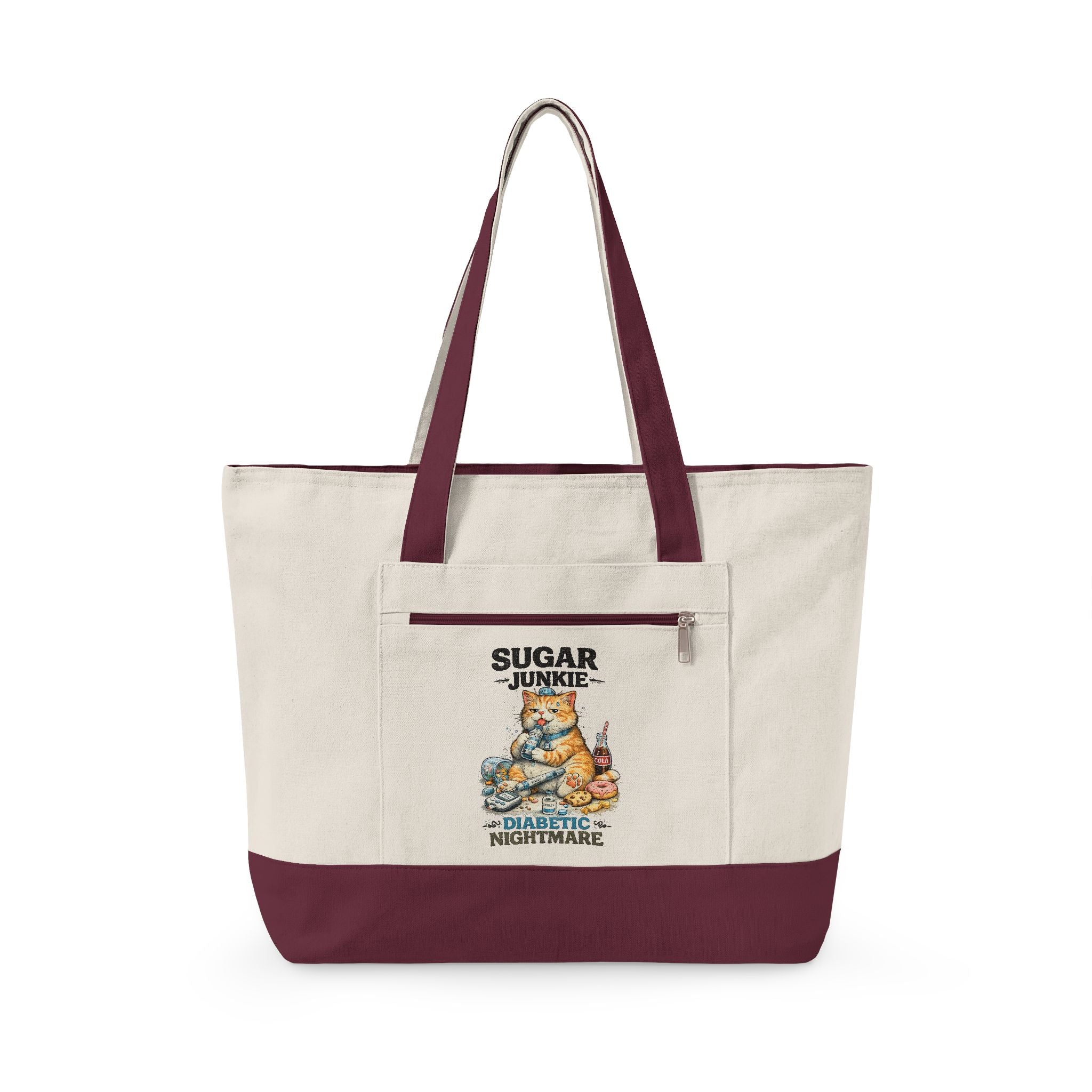 Sugar High Cat Illustration Zippered Tote | Cute Candy Cat Canvas Bag