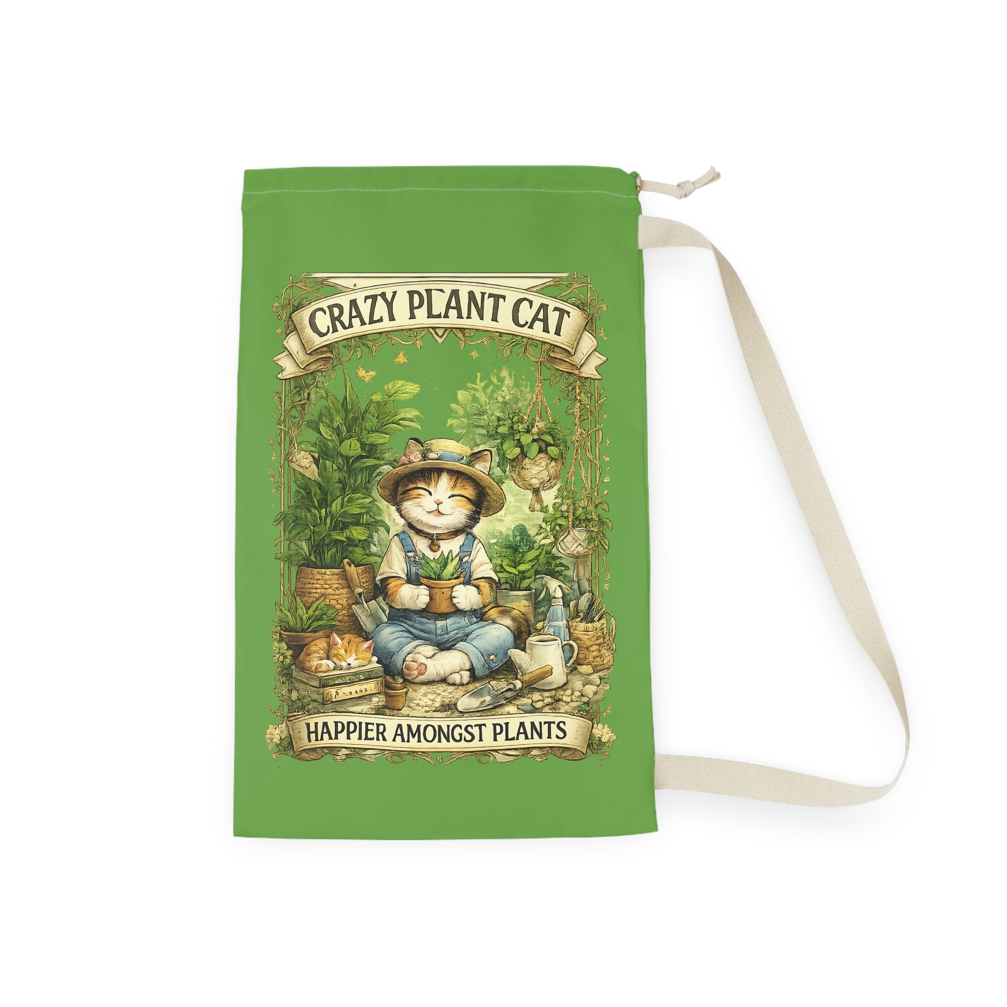Crazy Plant Cat Laundry Bag | Cat Gardener Illustration, Green Drawstring