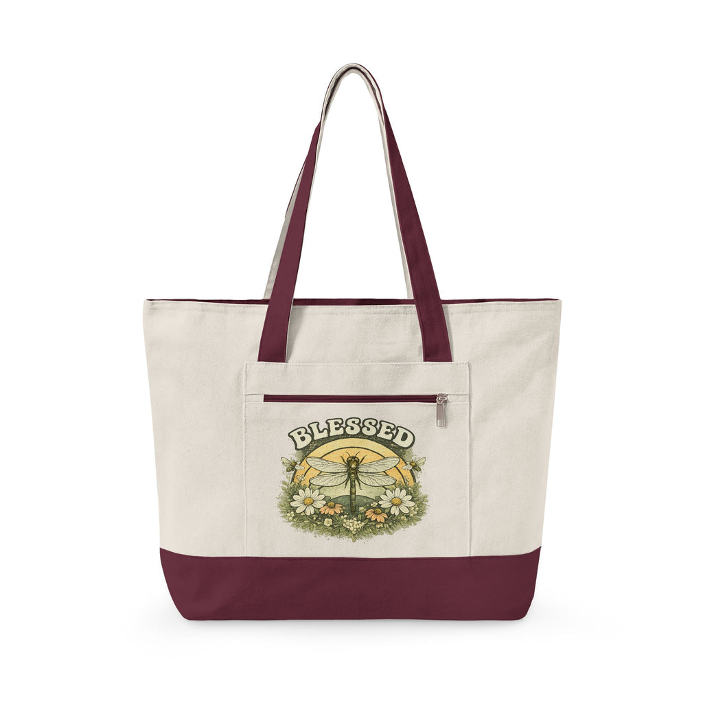 Blessed Dragonfly Floral Zippered Canvas Tote | Nature Tote Bag