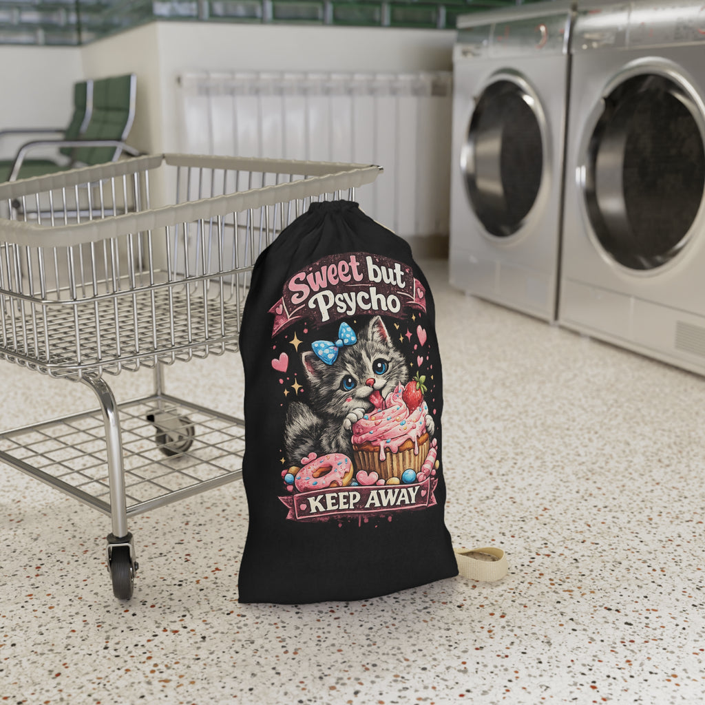 Sweet But Psycho kitten Laundry Bag | Cute Cat Dessert Illustration, Keep Away
