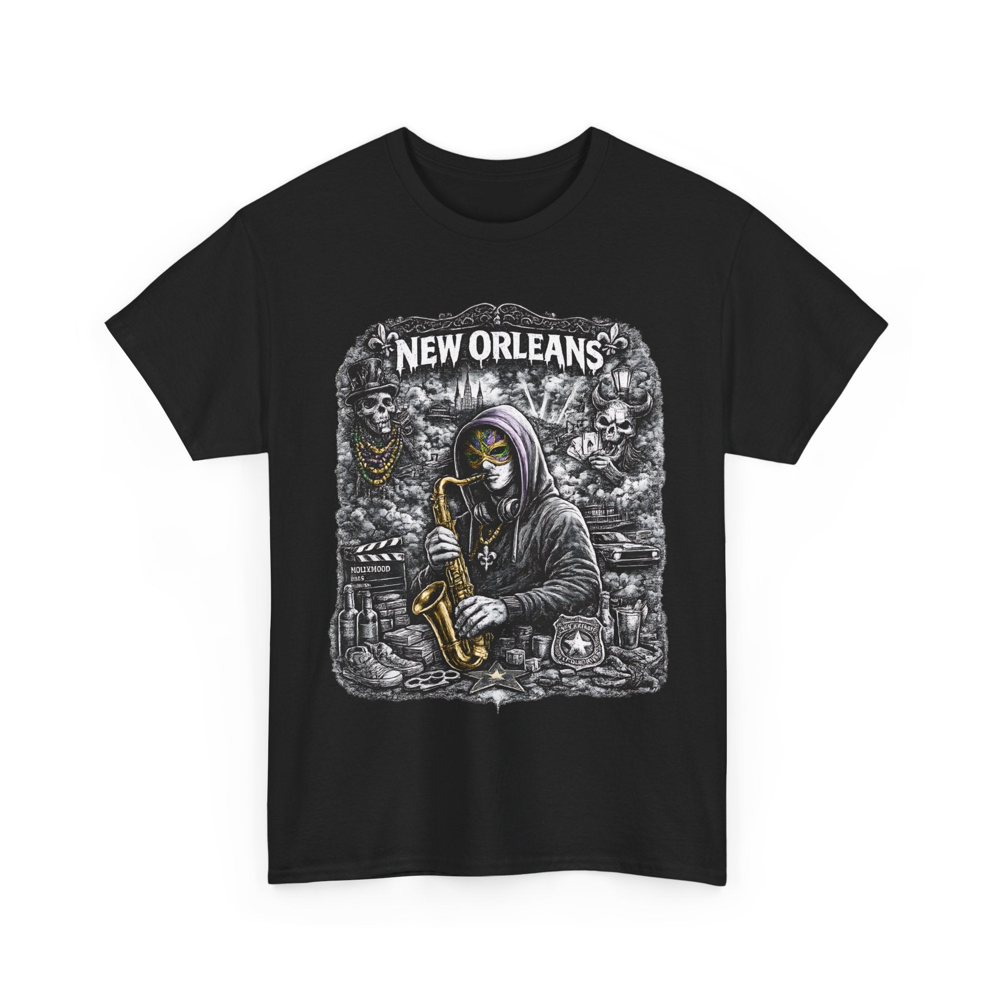 New Orleans T Shirt Jazz Graphic Tee, Dark Streetwear Saxophone Shirt, Mardi Gras Style Unisex Gift