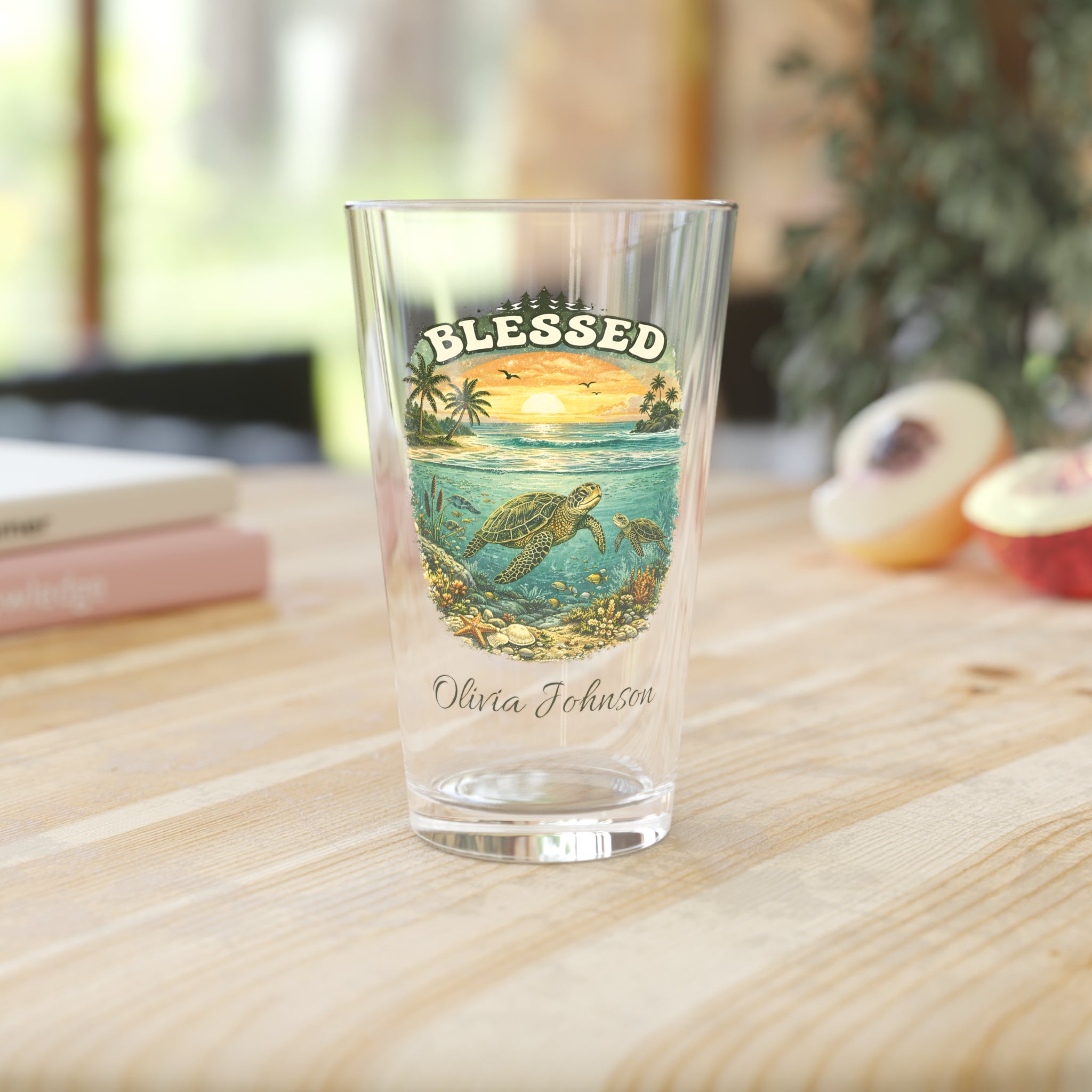 Personalized Sea Turtle Pint Glass  Blessed Beach Sunset Beer Glass with Custom Name  Ocean Lover Gift, Coastal Barware
